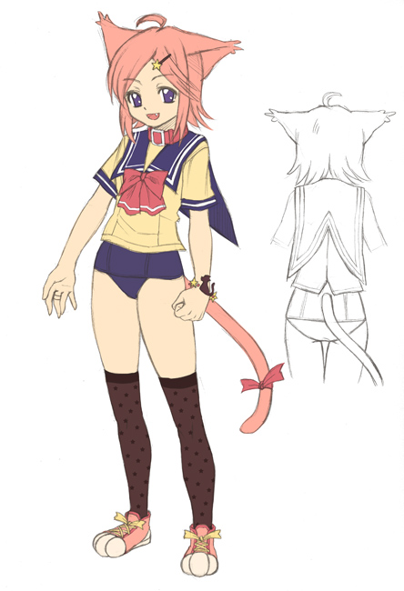 oryo (oryo04), original, 1girl, animal ears, blue eyes, cat ears, cat tail, collar, hair ornament, hairclip, kneehighs, multiple views, no pants, one-piece swimsuit, pink hair, school swimsuit, school uniform, serafuku, short hair, socks, swimsuit, swimsuit under clothes, tail, thighhighs