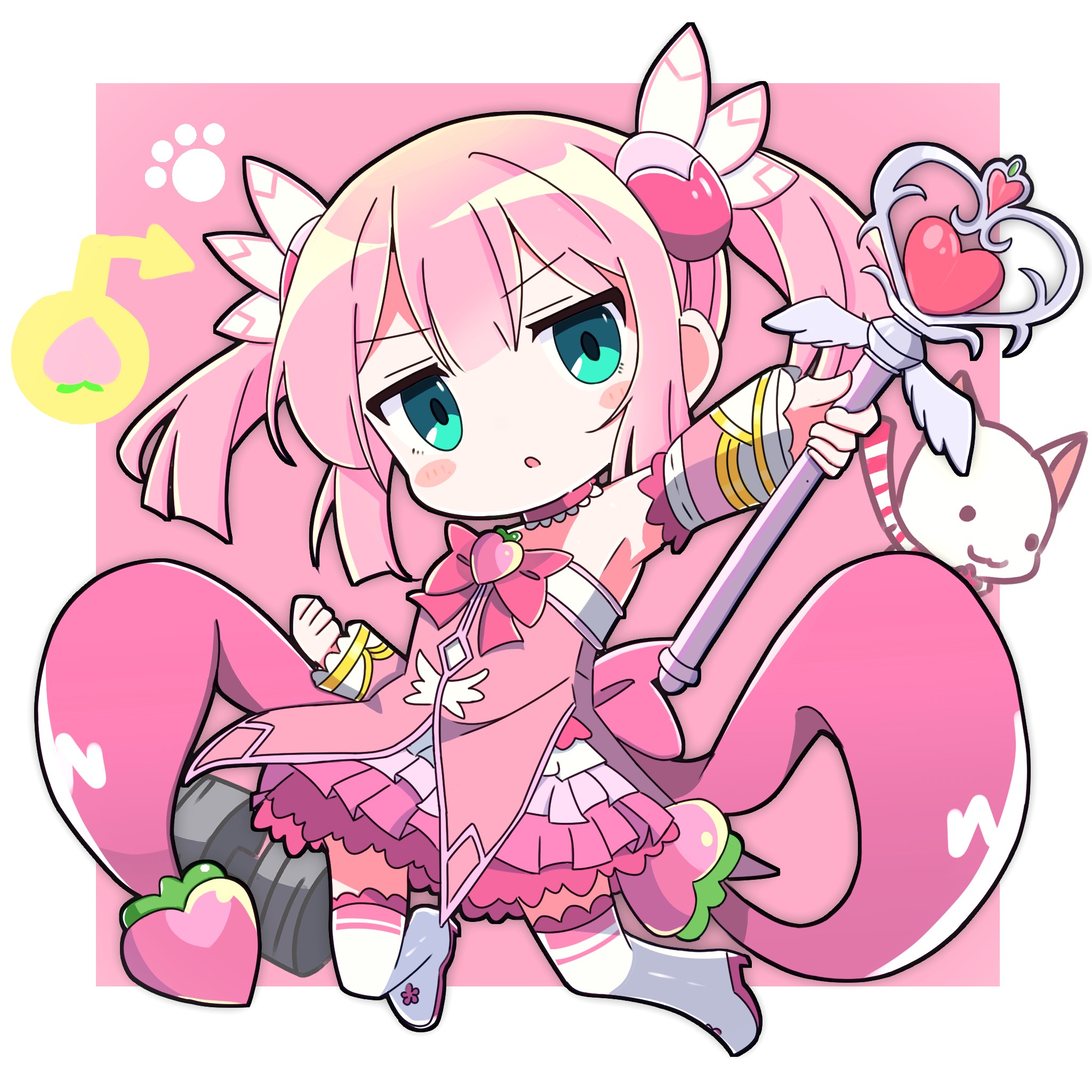 chiyoda momo, machikado mazoku, commentary, highres, 1girl, :o, armpits, arrow (symbol), back bow, bare shoulders, black201 wav, blunt bangs, blush stickers, boots, border, bow, cat, chibi, chibi only, detached sleeves, double-parted bangs, dress, food, fruit, full body, green eyes, hair ornament, holding, holding wand, long hair, looking at viewer, magical girl, open mouth, outside border, paw print, peach, pink background, pink bow, pink dress, pink hair, pink sleeves, simple background, solo, strapless, strapless dress, thigh boots, thighhighs, twintails, wand, white boots, white border, zettai ryouiki