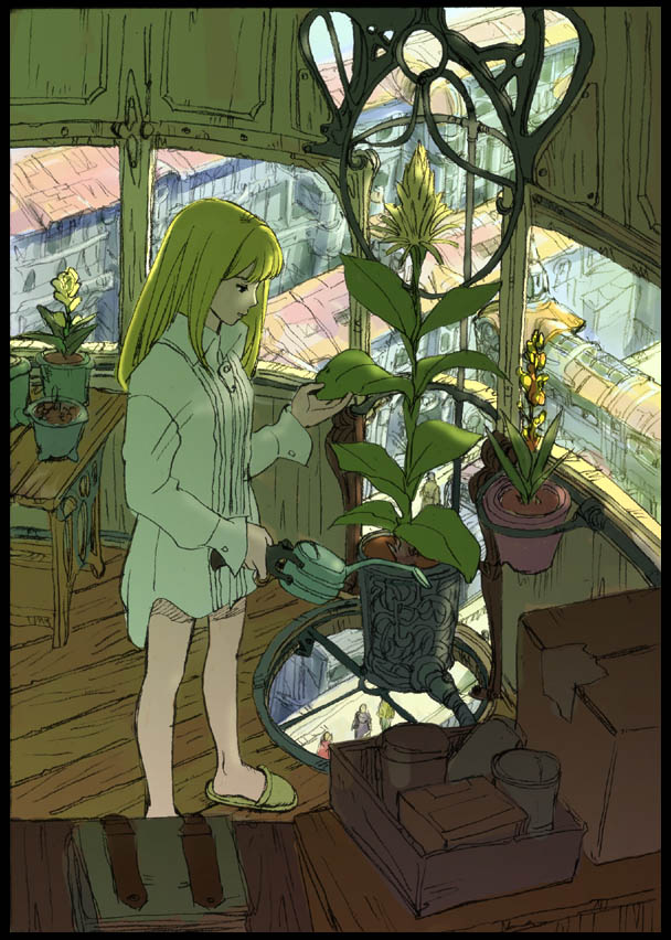 shinozaki tsukasa, 1girl, female focus, flower, flower pot, full body, long sleeves, no pants, pajamas, plant, potted plant, slice of life, slippers, solo, standing, sunflower, watering can
