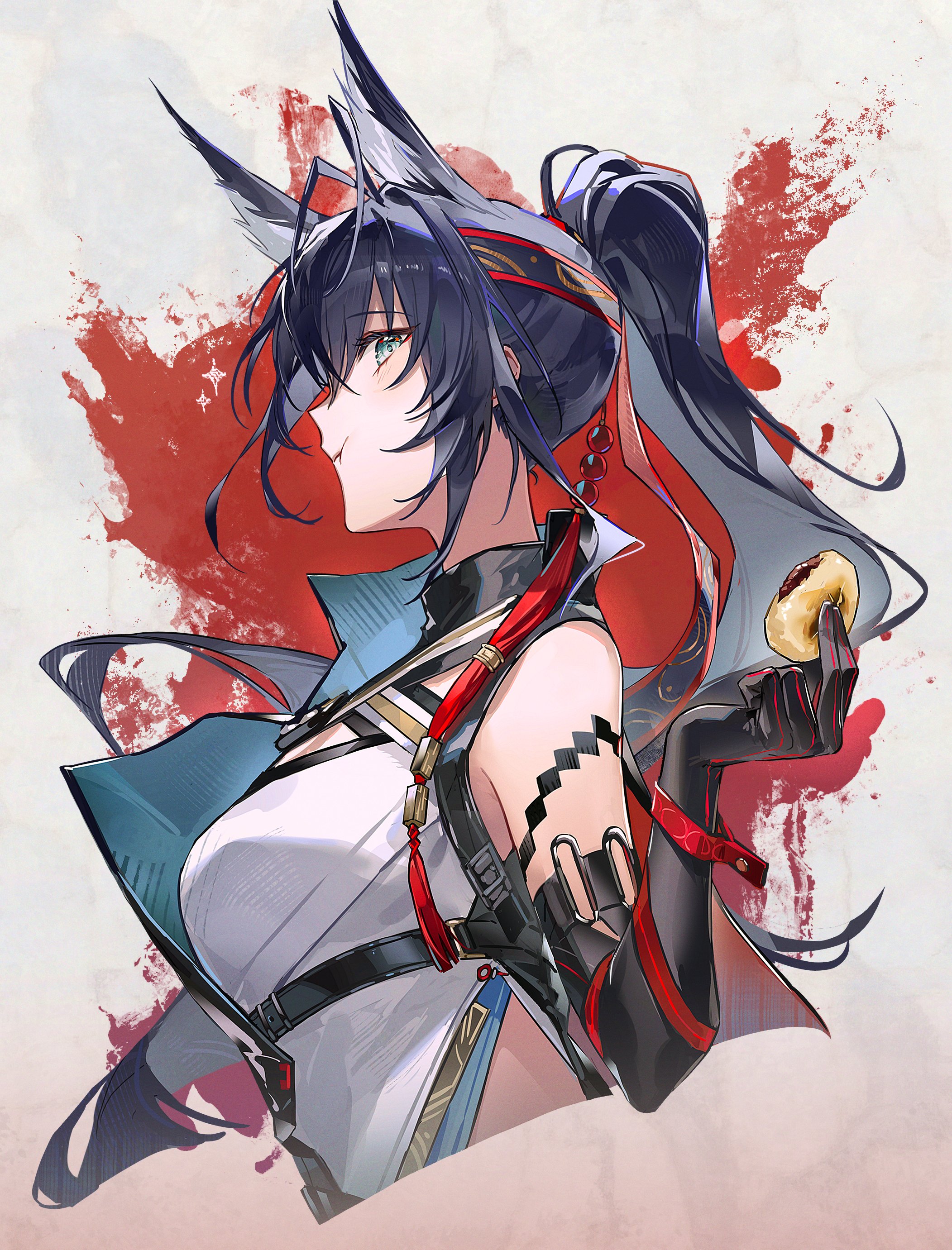 ryat, blaze (arknights), blaze the igniting spark (arknights), arknights, absurdres, highres, 1girl, animal ears, black gloves, black hair, blue eyes, breasts, cat ears, cat girl, cropped torso, eating, elbow gloves, food, from side, gloves, high ponytail, holding, holding food, long hair, looking at viewer, ponytail, shirt, single elbow glove, sleeveless, sleeveless shirt, solo, upper body, white shirt