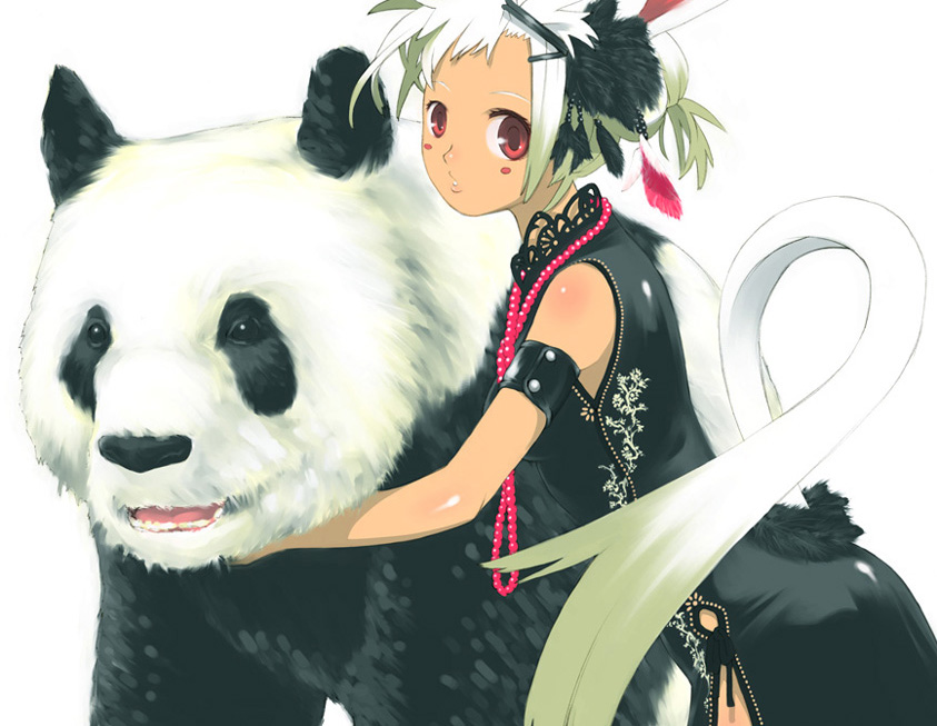haku (artist), haku (sabosoda), original, 1girl, albino, china dress, chinese clothes, couple, dress, hair ornament, hairpin, hetero, jewelry, necklace, panda, red eyes, tail, white hair