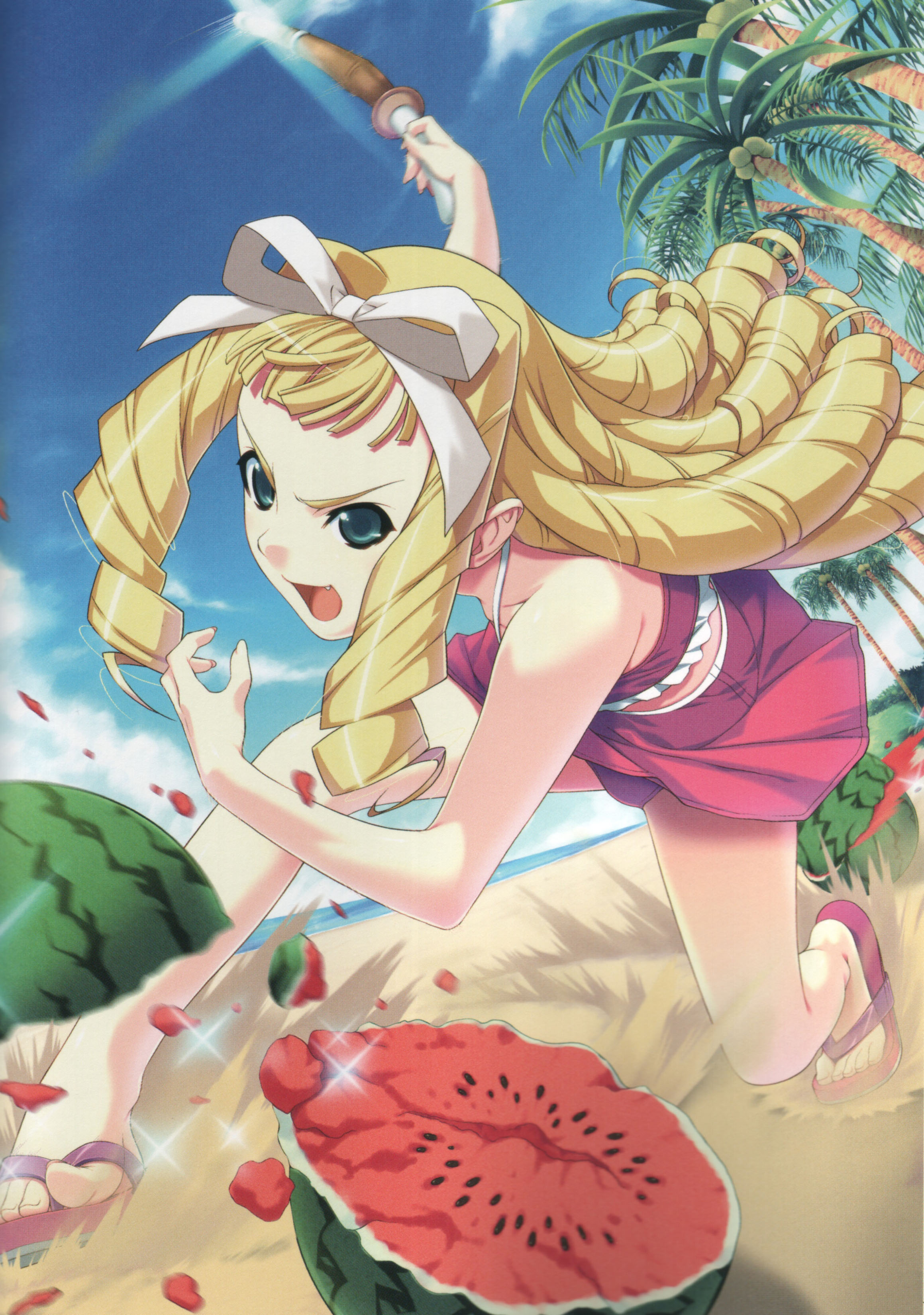 ino (magloid), yuuki emiri, kimihagu, absurdres, highres, 00s, 1girl, angry, beach, bikini, blonde hair, blue eyes, day, drill hair, fang, female focus, flip-flops, food, fruit, hair ribbon, long hair, open mouth, outdoors, ribbon, sandals, shinai, solo, swimsuit, sword, watermelon, weapon
