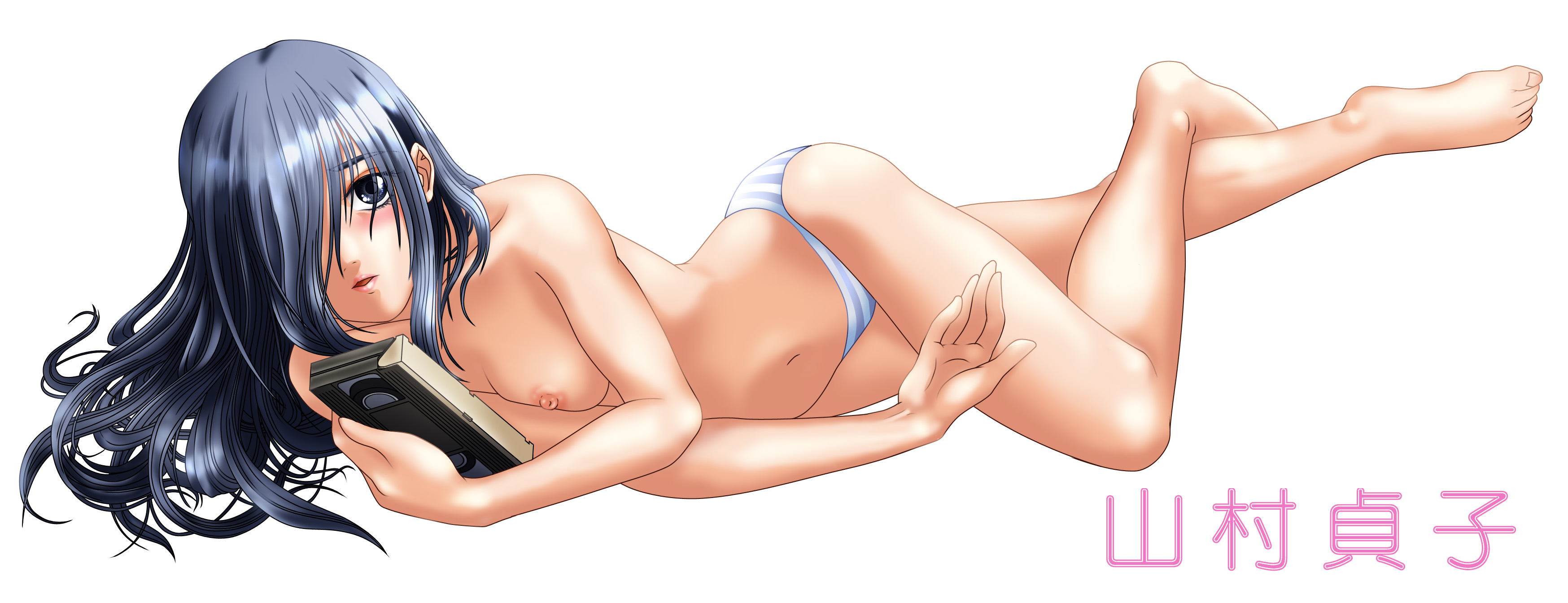 yamamura sadako, the ring, absurdres, highres, long image, wide image, nipples, panties, solo, striped clothes, striped panties, topless female, underwear