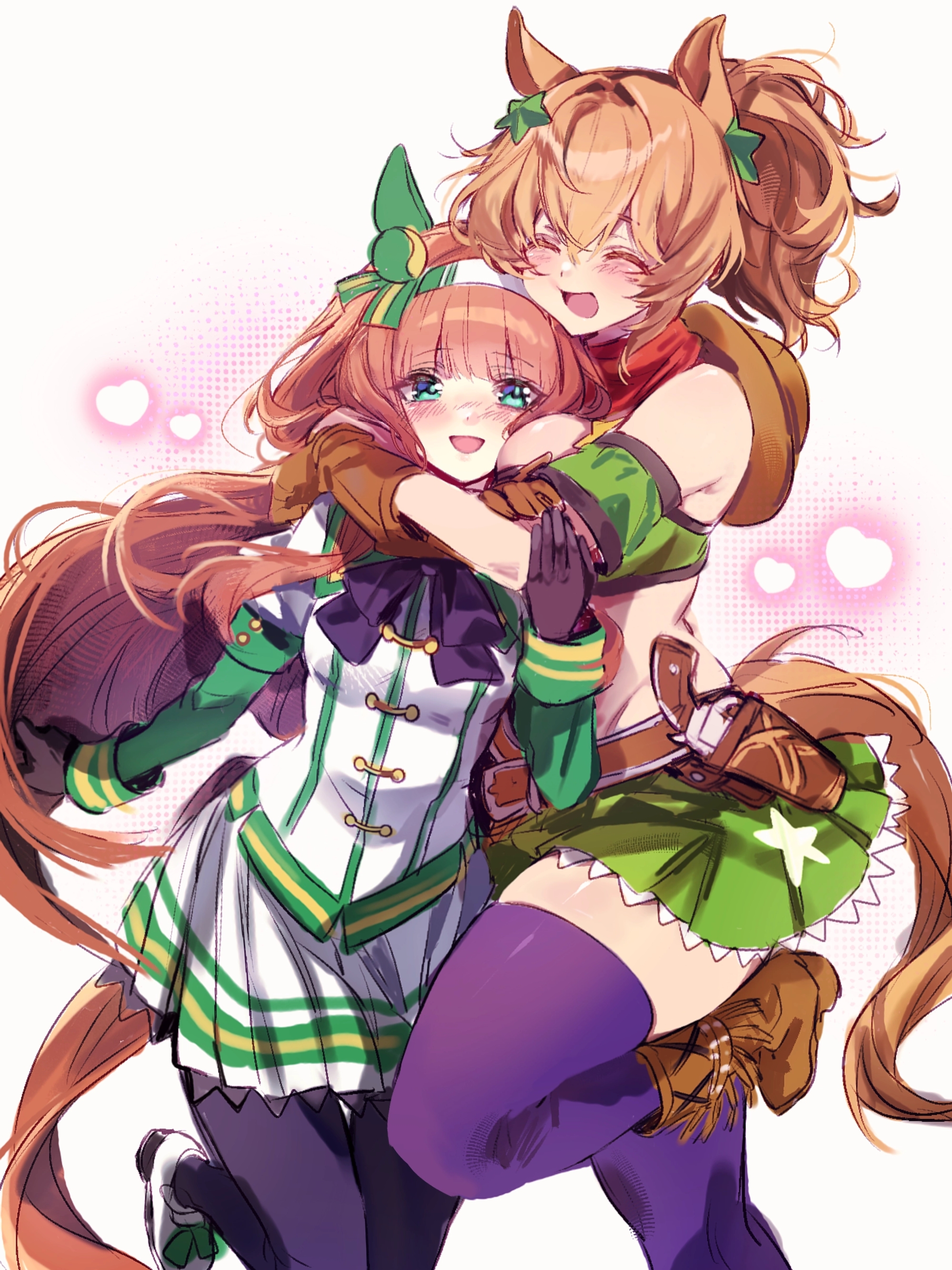 tuwu (user yvte3782), silence suzuka (innocent silence) (umamusume), silence suzuka (umamusume), taiki shuttle (umamusume), taiki shuttle (wild frontier) (umamusume), umamusume, absurdres, commentary request, highres, 2girls, ^ ^, bare shoulders, blonde hair, breasts, brown gloves, brown hat, closed eyes, crop top, ear covers, gloves, green skirt, hat, hat on back, head on another's chest, hug, large breasts, midriff, multiple girls, open mouth, orange hair, orange tail, pantyhose, ponytail, purple thighhighs, shirt, skirt, smile, thighhighs, white shirt, white skirt, yellow tail