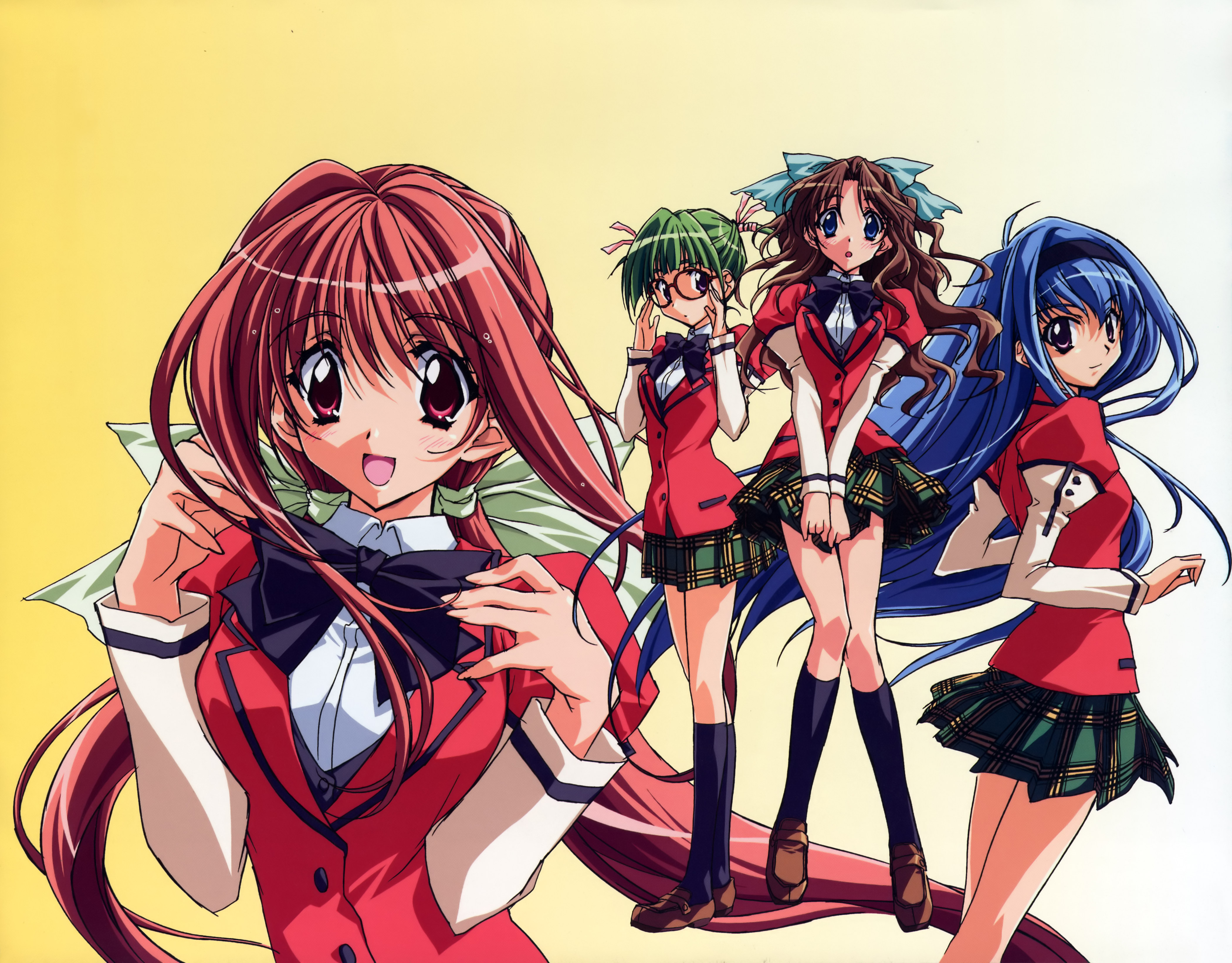 hirasawa hiroko, saimon tamaki, shirai yuuri, takatoo nanase, kakyuusei (series), kakyuusei 2, absurdres, highres, blue eyes, blue hair, brown eyes, brown hair, kneehighs, long hair, plaid clothes, plaid skirt, purple eyes, school uniform, serafuku, short hair, skirt, socks