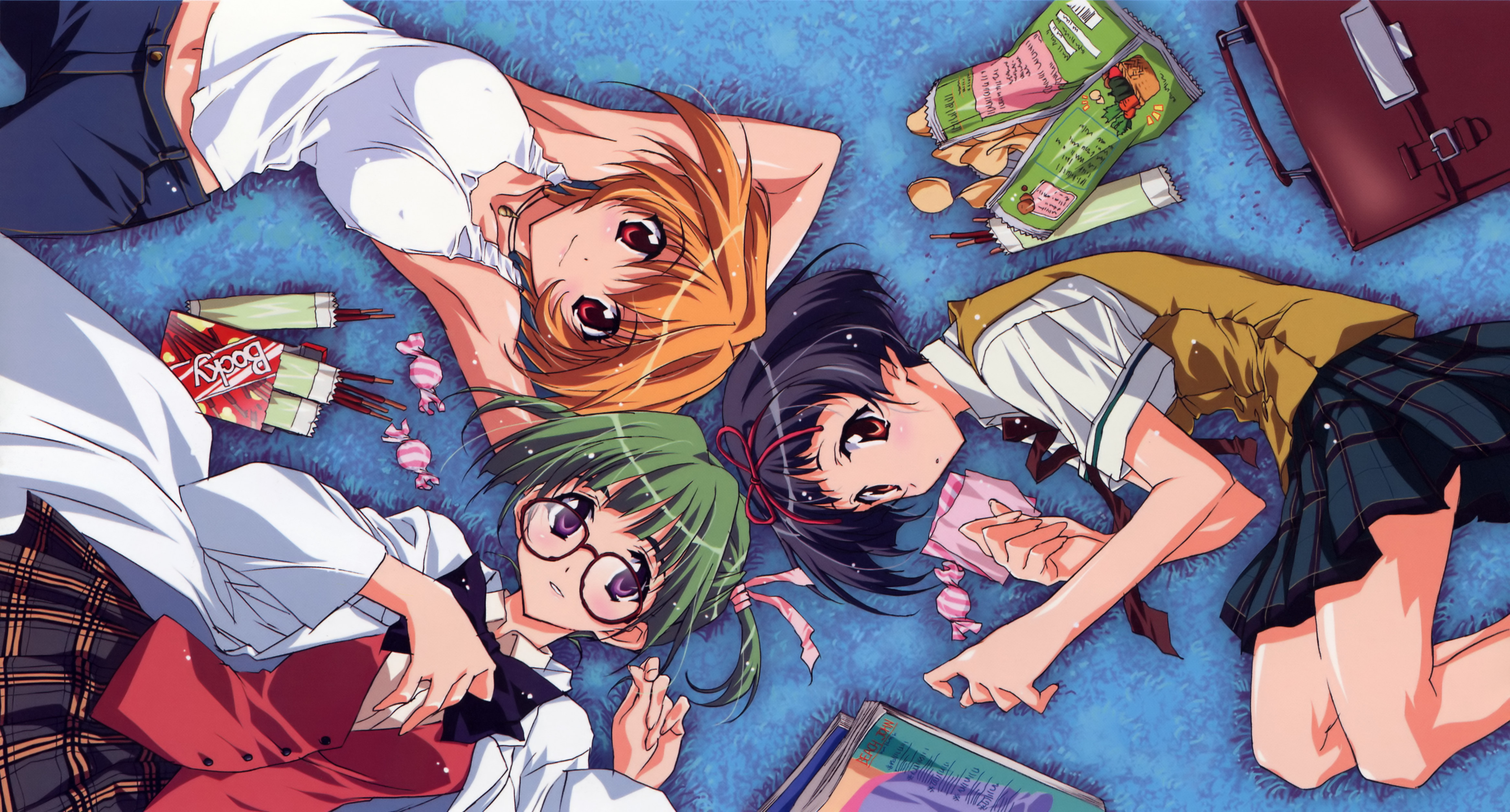 kurashima tomoyasu, hirasawa hiroko, horiide mika, ibuse okie, kakyuusei (series), kakyuusei 2, absurdres, highres, 3girls, armpits, arms up, bag, black hair, blush, breasts, camisole, candy, chips (food), choker, circle formation, covered erect nipples, food, from above, glasses, green hair, hairband, lying, medium breasts, midriff, multiple girls, navel, on back, on side, orange eyes, orange hair, plaid clothes, plaid skirt, pocky, potato chips, purple eyes, red eyes, school bag, school uniform, serafuku, short hair, skirt, twintails, vest