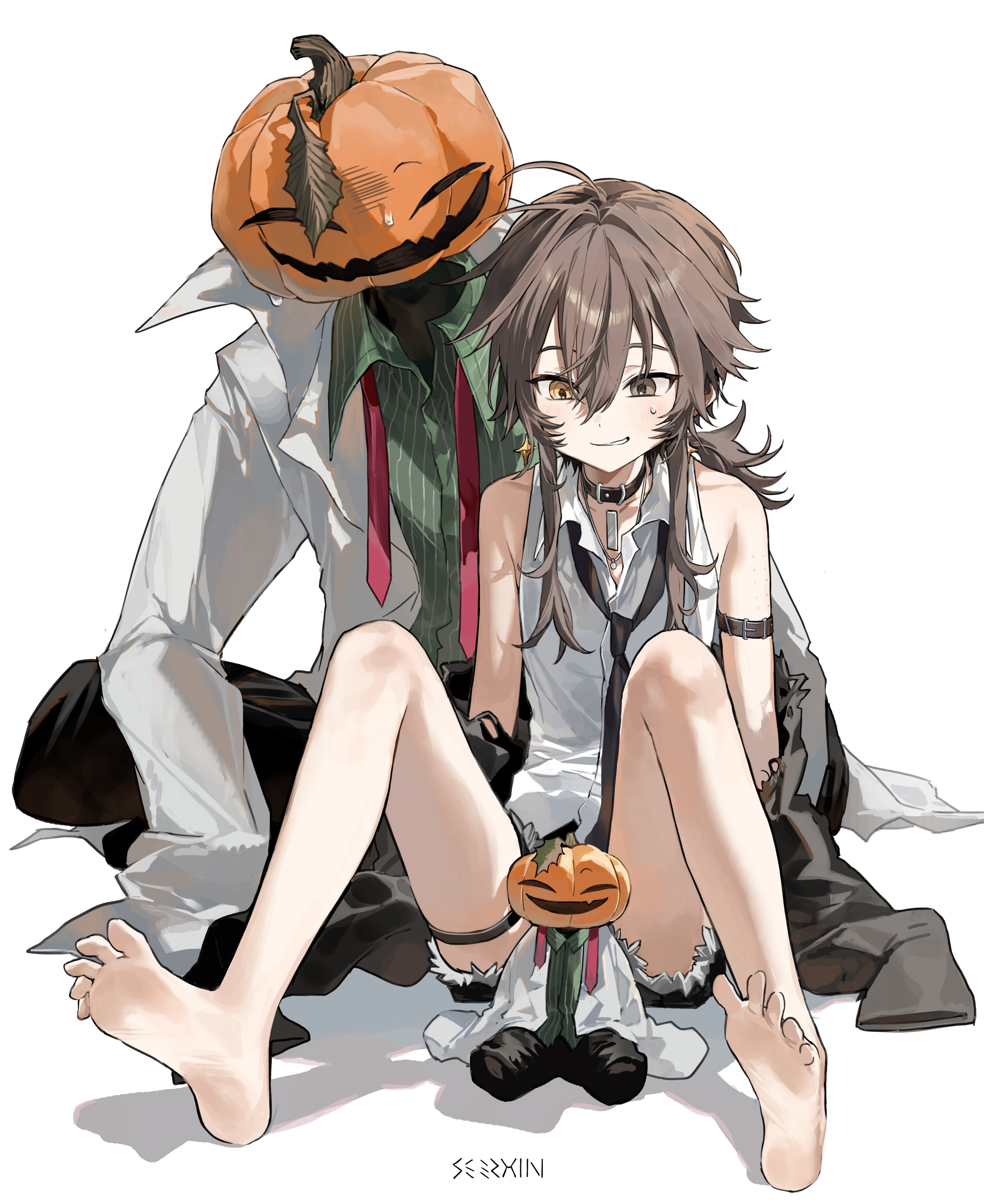 seeshin see, original, absurdres, commentary, highres, symbol-only commentary, 1boy, 1other, arm strap, artist name, bare shoulders, barefoot, belt collar, black necktie, brown hair, character doll, collar, collared shirt, doll, feet, front-to-back, grey eyes, heterochromia, jack-o'-lantern head, knees up, necktie, pumpkin head, shadow, shirt, simple background, sitting, sleeveless, sleeveless shirt, smile, soles, sweatdrop, thigh strap, toes, trap, white background, white shirt, yellow eyes