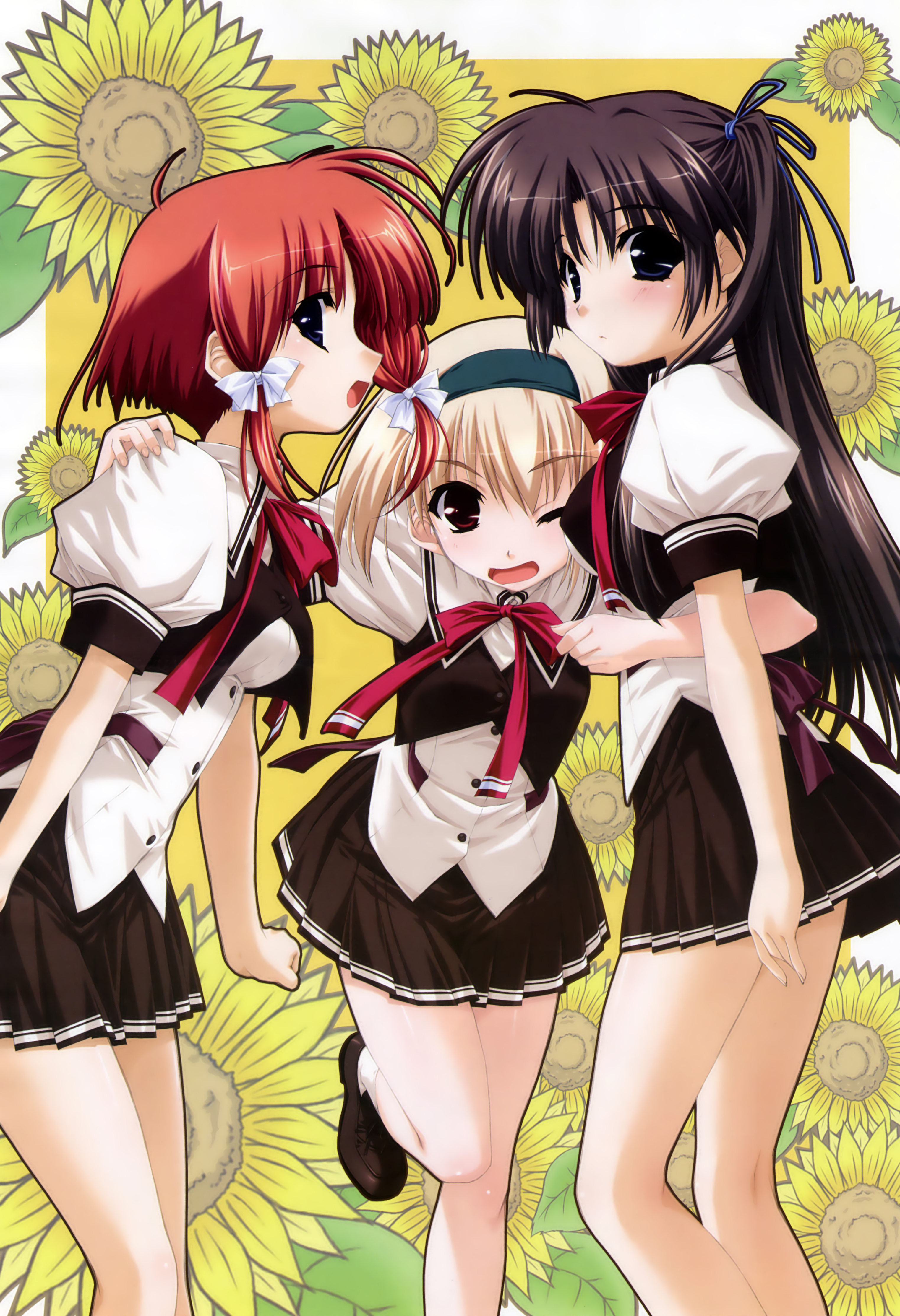 shintarou, amaizumimoriamekoyori no mikoto, kahara mizuki, katase megumi, kamipani!, absurdres, highres, 3girls, ahoge, black hair, blonde hair, blue eyes, blush, flower, hair ribbon, hug, leg lift, long hair, multiple girls, open mouth, red eyes, red hair, ribbon, school uniform, serafuku, short hair, skirt, sunflower, wink