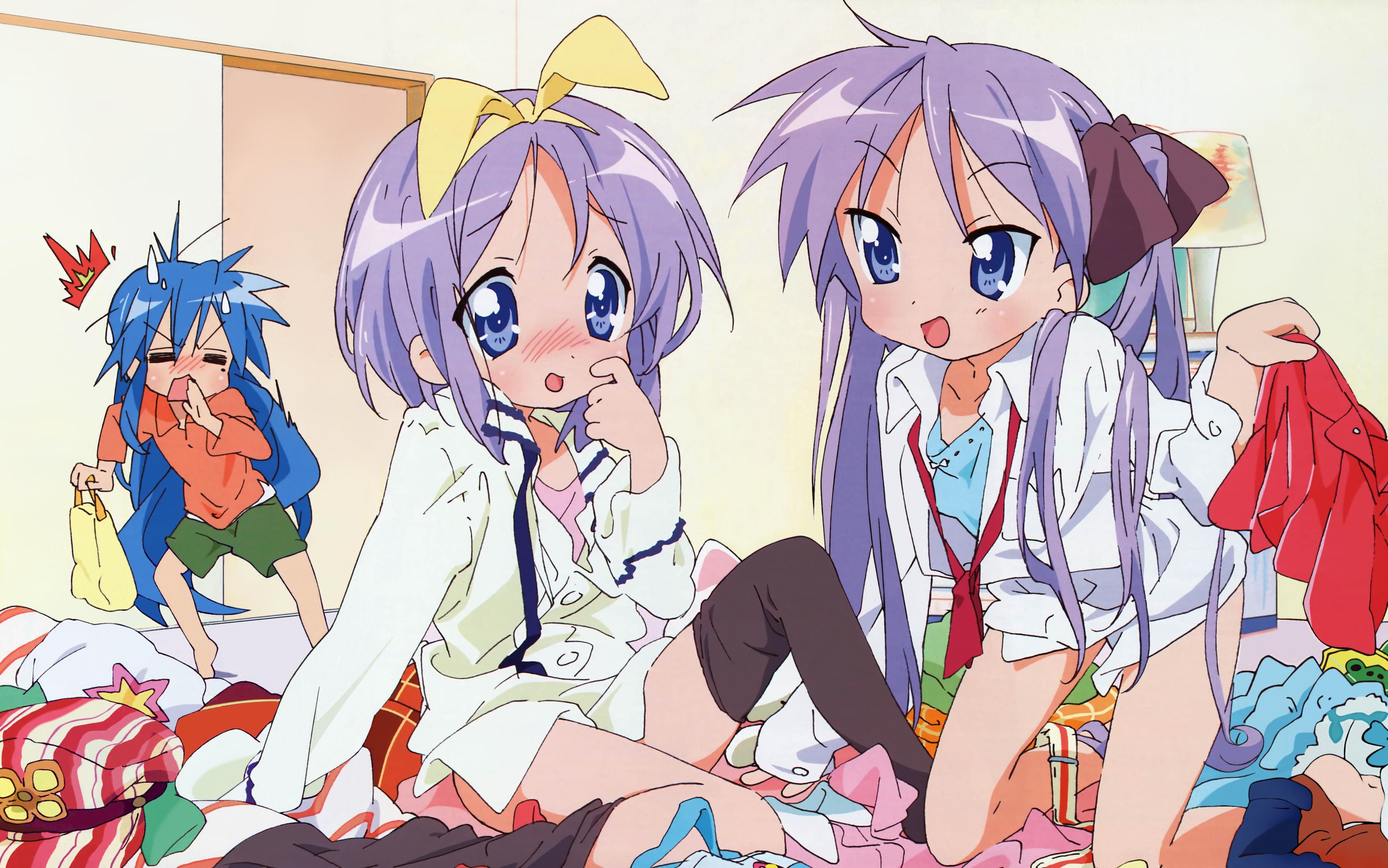 yoshimizu kagami, hiiragi kagami, hiiragi tsukasa, izumi konata, lucky star, absurdres, highres, official art, 00s, 3girls, barefoot, blue eyes, blue hair, feet, kneeling, long hair, mole, mole under eye, multiple girls, purple hair, single sock, single thighhigh, socks, soles, thighhighs, undressing