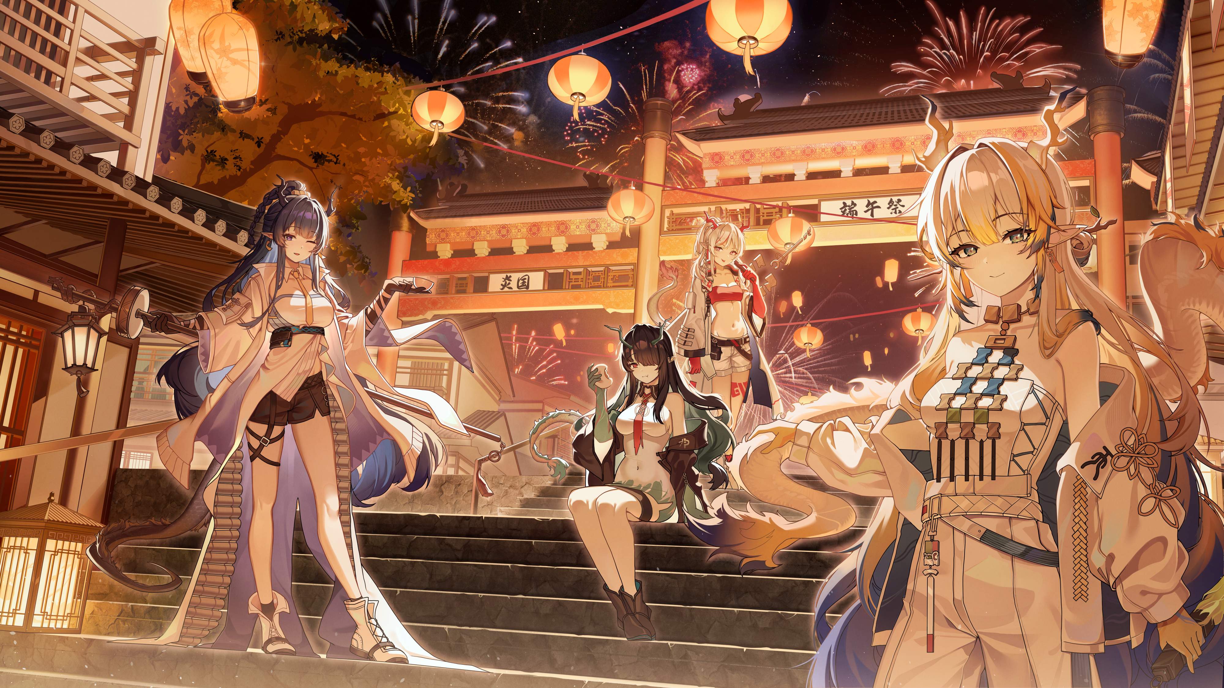pekoku (tamago sushi), dusk (arknights), ling (arknights), nian (arknights), shu (arknights), arknights, absurdres, commentary, highres, 4girls, architecture, backlighting, bandeau, bare shoulders, black hair, black shorts, blue hair, dragon horns, dragon tail, dress, east asian architecture, fireworks, hair over one eye, horns, jacket, lantern, long hair, looking at viewer, midriff, multicolored hair, multiple girls, navel, night, off shoulder, outdoors, pants, paper lantern, pointy ears, red bandeau, shirt, shorts, sitting, smile, streaked hair, tail, white dress, white hair, white jacket, white pants, white shirt, white shorts