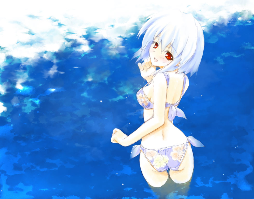 saeki touma, kotonomiya yuki, suigetsu, 1girl, :d, albino, ass, bikini, blush, breasts, female focus, floral print, hand on own face, head tilt, looking at viewer, looking back, open mouth, red eyes, short hair, side-tie bikini bottom, smile, solo, swimsuit, thigh gap, wading, water, white hair