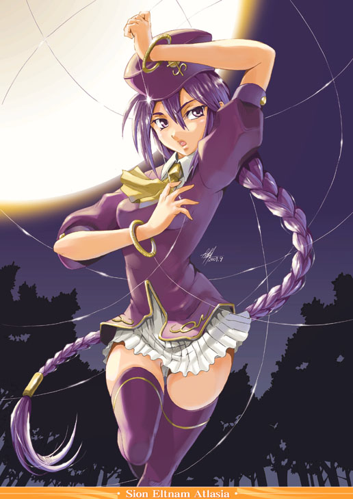 yuu (yuyukaikan), sion eltnam (type-moon), sion eltnam atlasia, melty blood, tsukihime, type-moon, 00s, bracelet, braid, full moon, hat, jewelry, long hair, moon, night, purple eyes, purple hair, single braid, solo, thighhighs, tree, zettai ryouiki