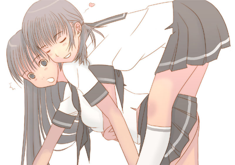 kiriman (souldeep), original, 2girls, :o, ass, bent over, closed eyes, flat color, heart, hug, hug from behind, kneehighs, multiple girls, school uniform, serafuku, simple background, skirt, socks, surprised, white background, yuri