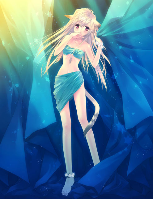 touto seiro, original, 1girl, animal ears, bandeau, barefoot, bikini, bikini skirt, blonde hair, cat ears, cat tail, female focus, long hair, sarong, solo, swimsuit, tail