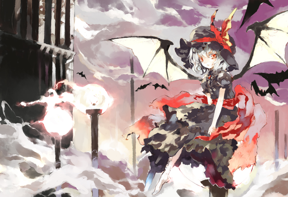 mo, shunsei (muratou), remilia scarlet, touhou, 1girl, alternate costume, bat (animal), bat wings, black hat, female focus, hat, mob cap, solo, vampire, wings
