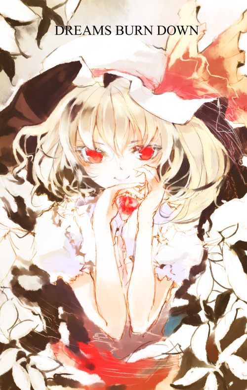 mo, shunsei (muratou), flandre scarlet, touhou, 1girl, english text, female focus, flower, hat, hat ribbon, looking at viewer, mob cap, puffy short sleeves, puffy sleeves, red eyes, red ribbon, ribbon, short sleeves, smile, solo, upper body, vampire