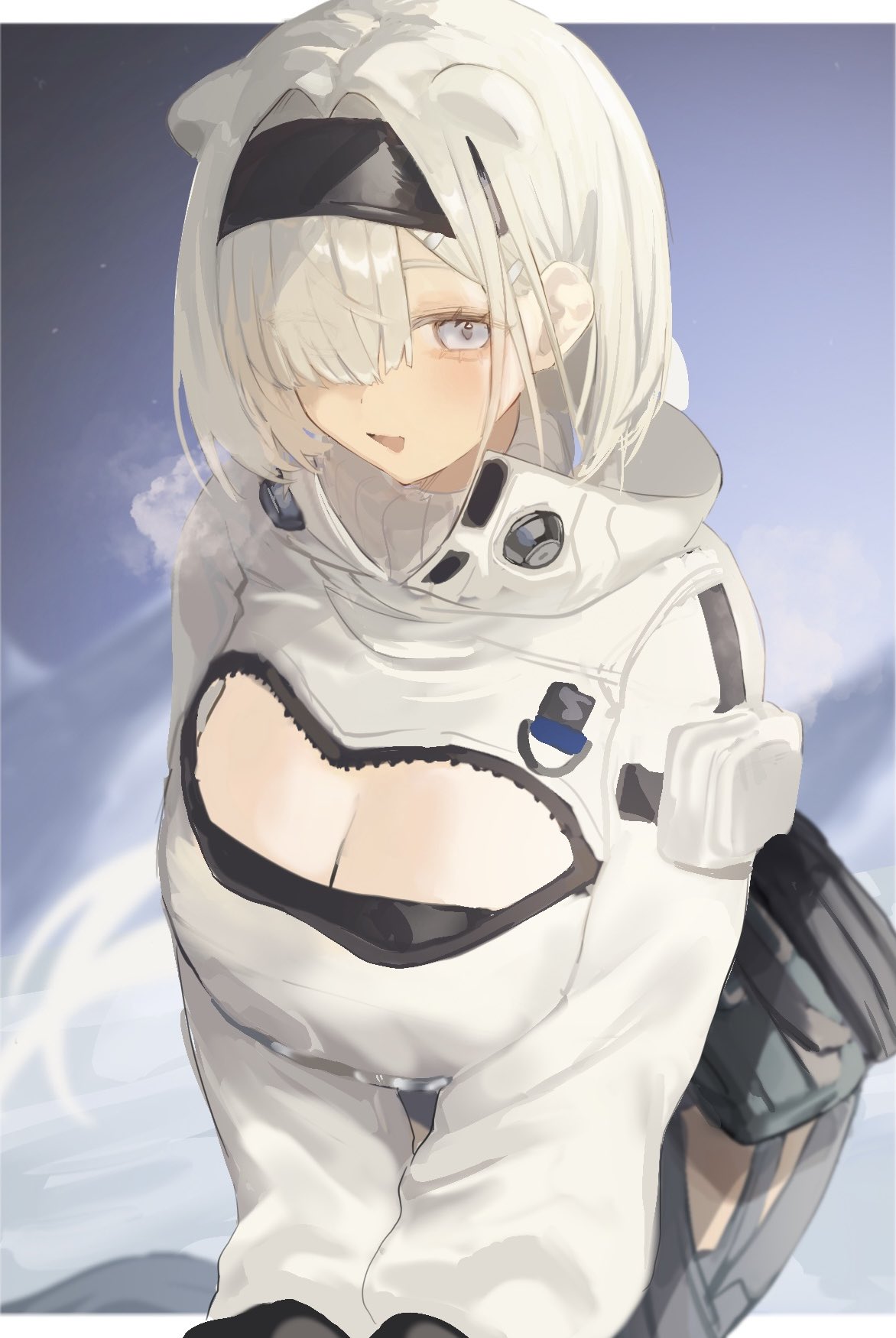 sorotu, aurora (arknights), arknights, highres, 1girl, :d, animal ears, bear ears, bear girl, black hairband, breasts, cleavage, cleavage cutout, clothing cutout, crop top, cropped jacket, extra ears, grey eyes, hair ornament, hair over one eye, hairband, hairclip, jacket, large breasts, long sleeves, looking at viewer, open mouth, pouch, puffy long sleeves, puffy sleeves, smile, solo, white hair, white jacket