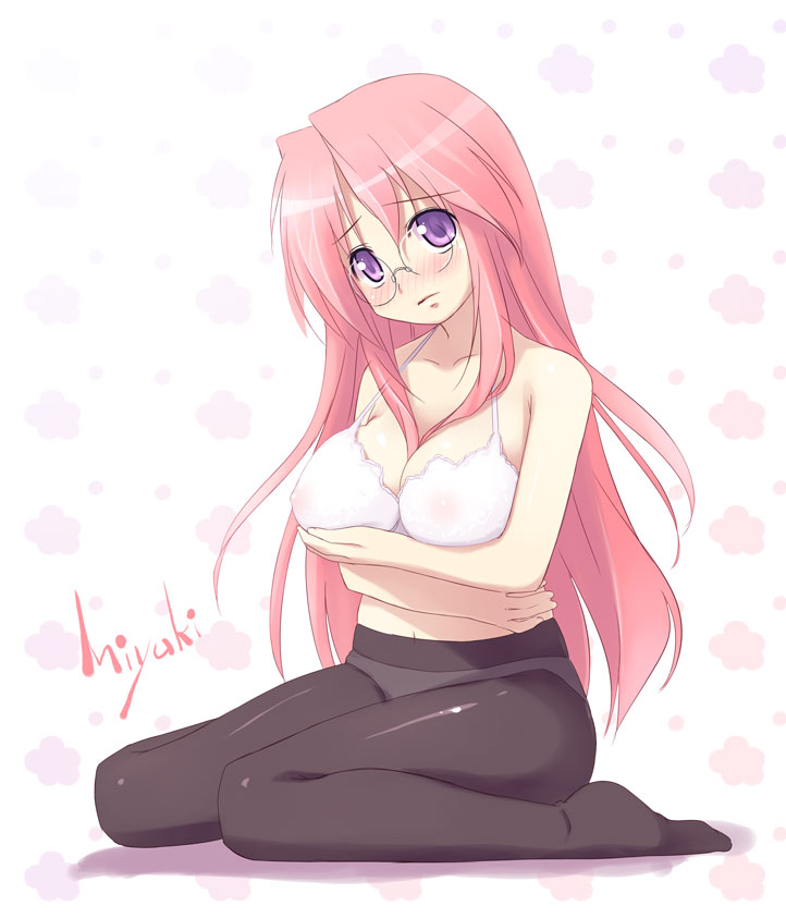 senji (tegone spike), takara miyuki, lucky star, breast hold, 00s, 1girl, blush, bra, breasts, cleavage, collarbone, female focus, glasses, large breasts, lingerie, long hair, navel, panties, panties under pantyhose, pantyhose, pink hair, purple eyes, see-through clothes, sitting, solo, tareme, underwear, underwear only, wariza