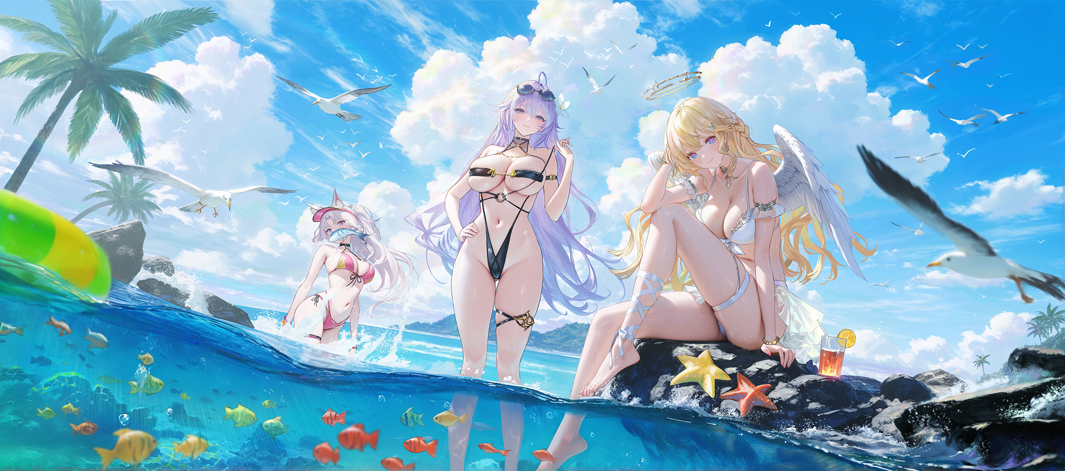 tameiki, highres, 1girl, animal, animal ears, barefoot, beach, bikini, bird, blonde hair, bow, braid, breasts, choker, cleavage, cloud, drink, fish, gin (riichi city), grey hair, halo, inukai hina, large breasts, long hair, navel, ponytail, purple eyes, purple hair, ribbon, sky, sunglasses, swim ring, swimsuit, tree, vielle (riichi city), water, wings
