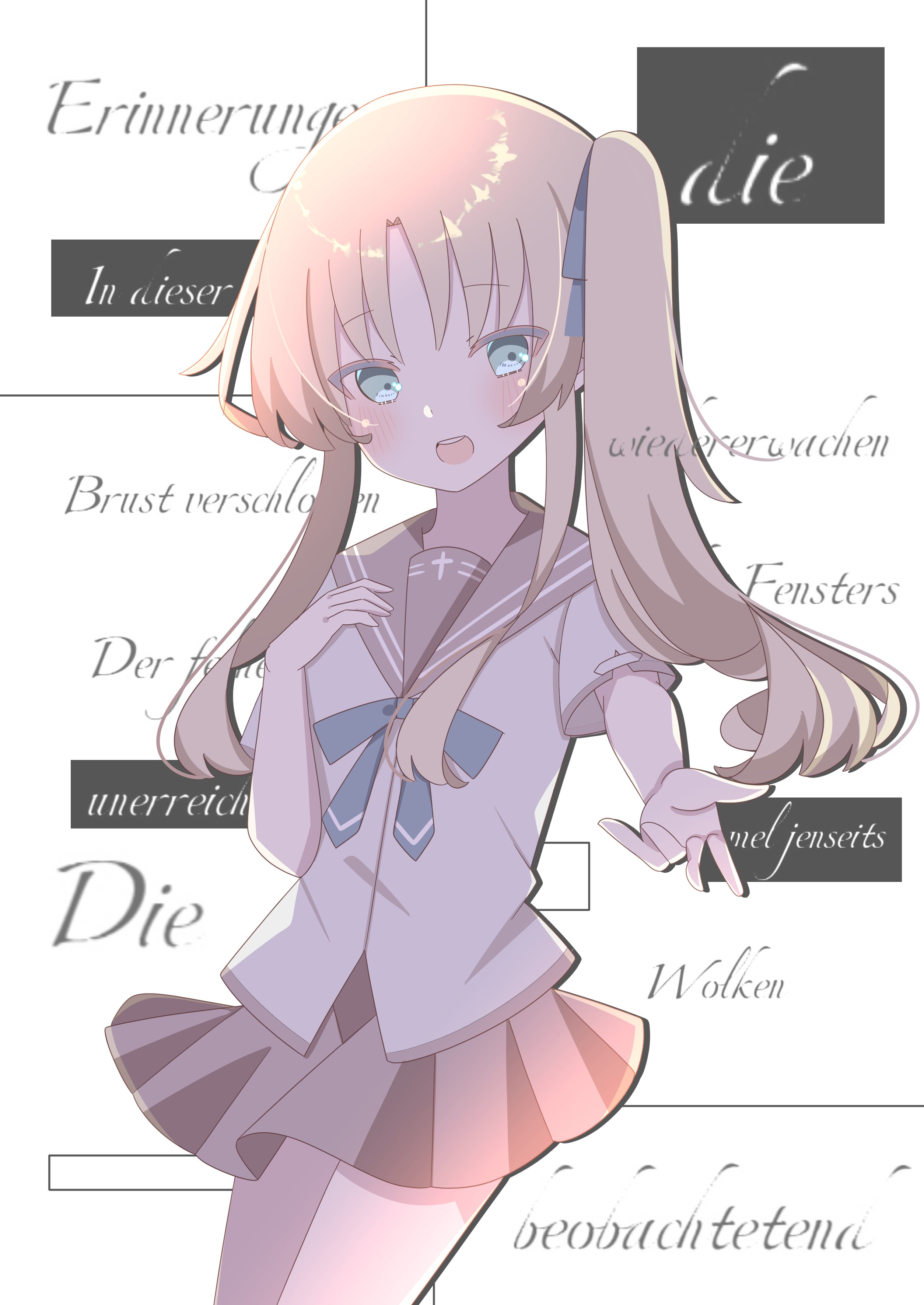 9ra4ki33, hayama mizuki, ef (visual novel), absurdres, commentary, highres, 1girl, :d, aqua eyes, backlighting, blonde hair, blue bow, blue bowtie, blue ribbon, blush, bow, bowtie, brown sailor collar, brown skirt, colored eyelashes, cowboy shot, drop shadow, german text, hair between eyes, hair ribbon, hands up, happy, long hair, looking at viewer, miniskirt, open mouth, pleated skirt, reaching, reaching towards viewer, ribbon, sailor collar, school uniform, serafuku, shirt, short sleeves, side ponytail, sidelocks, simple background, skirt, smile, solo, teeth, tsurime, upper teeth only, white background, white shirt