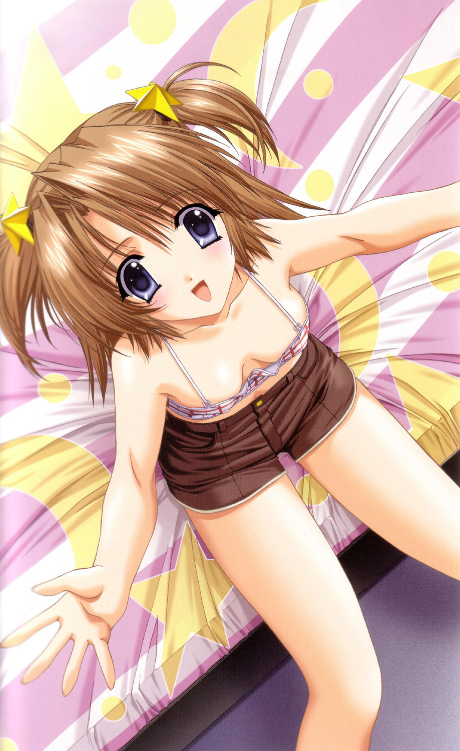 kimizuka aoi, hina (3ldk), 3ldk, lost passage, highres, 1girl, bed, blue eyes, breasts, brown hair, camisole, downblouse, female focus, from above, hair ornament, no bra, short twintails, shorts, sitting, small breasts, solo, star (symbol), star hair ornament, twintails
