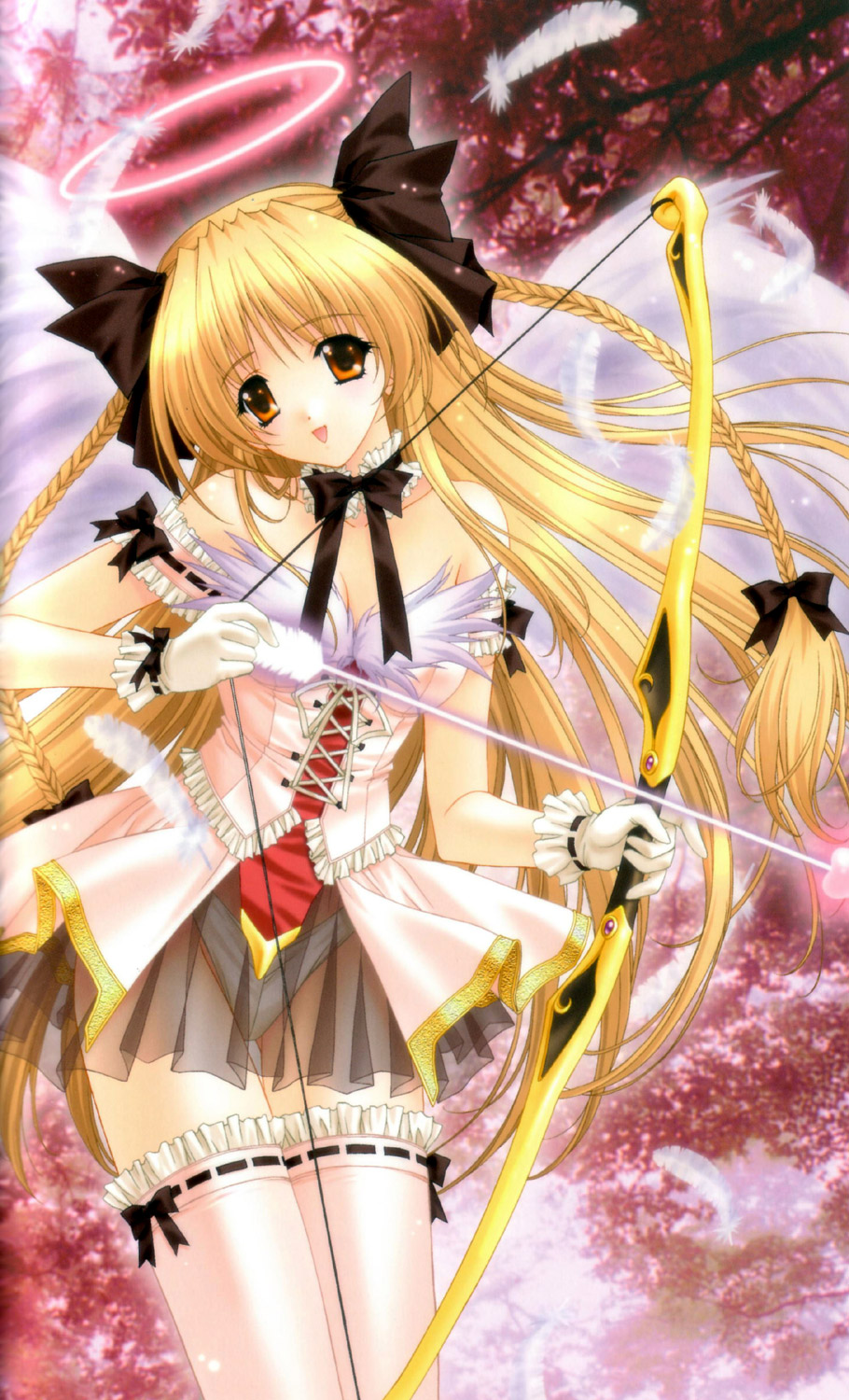 kimizuka aoi, lost passage, highres, scan, 1girl, angel, angel wings, arrow (projectile), blonde hair, bow, bow (weapon), braid, choker, corset, dress, feathers, female focus, frilled thighhighs, frills, gloves, hair bow, hair ribbon, halo, long hair, miniskirt, nature, off shoulder, orange eyes, outdoors, panties, pink dress, pink thighhighs, pleated skirt, ribbon, see-through clothes, short dress, skirt, solo, thigh gap, thighhighs, thighs, twin braids, underwear, very long hair, weapon, white panties, wings, zettai ryouiki