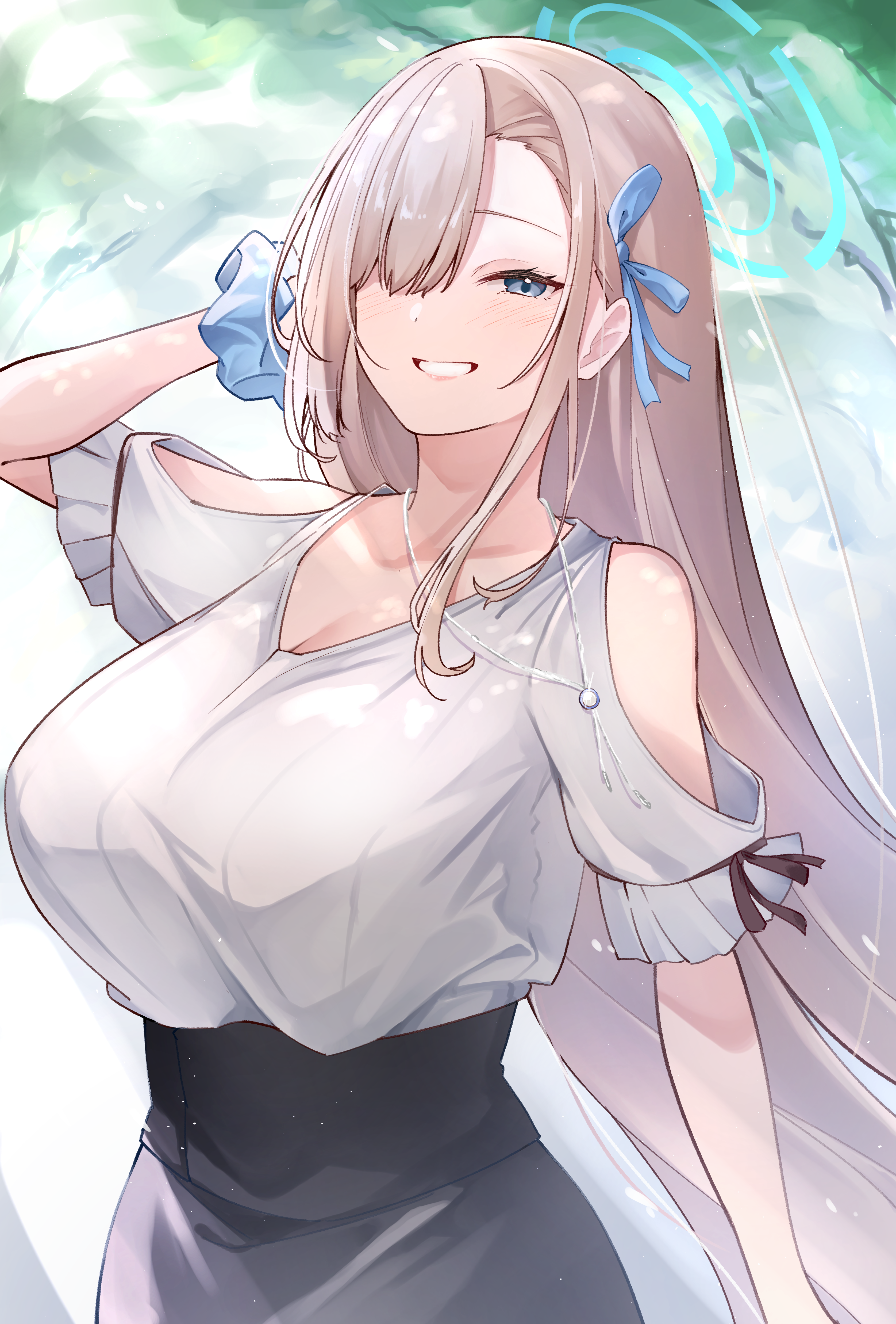 usa otome, asuna (blue archive), blue archive, absurdres, highres, 1girl, bare shoulders, black skirt, blonde hair, blue eyes, blue halo, breasts, cleavage, collarbone, grin, hair over one eye, halo, jewelry, large breasts, long hair, looking at viewer, necklace, puffy short sleeves, puffy sleeves, scrunchie, shirt, short sleeves, skirt, smile, solo, very long hair, white shirt, wrist scrunchie