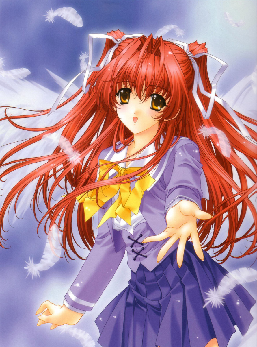 kimizuka aoi, shinbashi mina, lost passage, suki da yo!, highres, 00s, 1girl, blush, bow, day, feathers, female focus, hair ribbon, long hair, orange eyes, outdoors, outstretched arm, outstretched hand, pleated skirt, reaching, red hair, ribbon, school uniform, serafuku, shimbashi mina, skirt, sky, solo, twintails