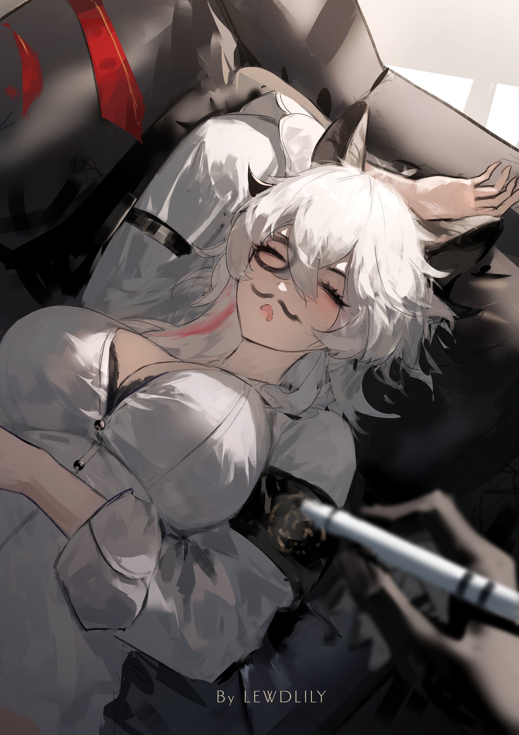 lewdlily66, male rover (wuthering waves), rover (wuthering waves), zani (wuthering waves), wuthering waves, absurdres, highres, 1boy, 1girl, arm up, armband, artist name, black armband, black bra, black horns, bra, bra peek, breasts, closed eyes, couch, curled horns, drawing on another's face, drooling, hair between eyes, holding, holding marker, horns, large breasts, long hair, lying, marker, multicolored hair, necktie, on back, on couch, open mouth, pov, pov hands, red necktie, shirt, sleeping, solo focus, streaked hair, underwear, unworn necktie, white hair, white shirt