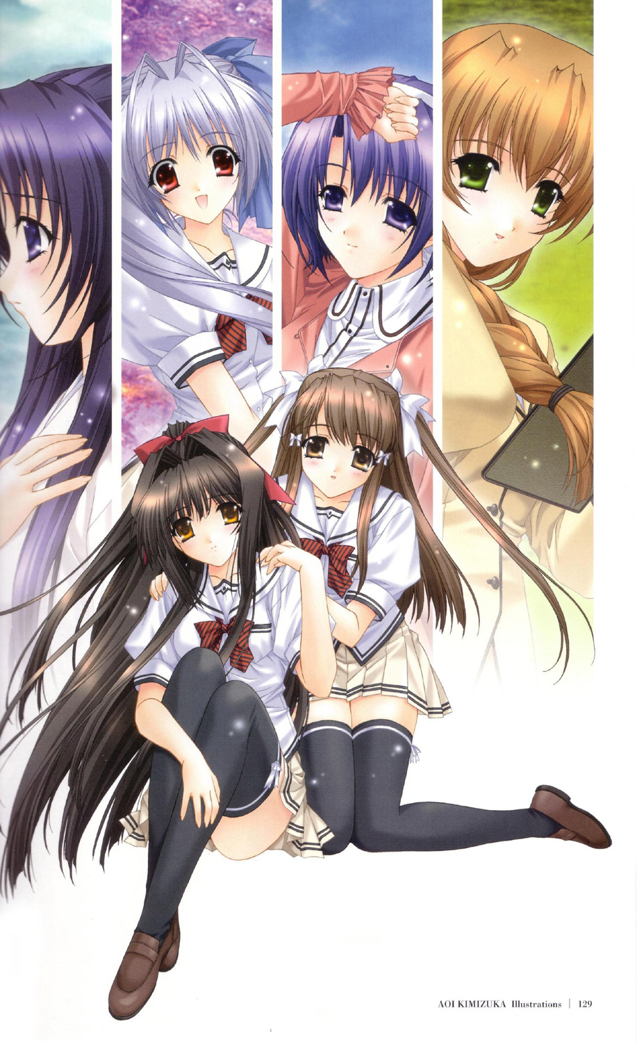 kimizuka aoi, ayanokouji ikumi, erina lemminkainen, fujimori megumi, natsukoshi rino, usa mizuki, yamabuki sayuki, lost passage, silver hair, highres, 6+girls, antenna hair, black hair, black thighhighs, blue eyes, blue hair, blush, bow, braid, brown eyes, brown hair, fujimozi megumi, green eyes, hair bow, hair ribbon, hug, kneeling, long hair, multiple girls, orange eyes, orange hair, ponytail, purple eyes, purple hair, ribbon, school uniform, serafuku, sitting, skirt, smile, thighhighs, twintails, very long hair, zettai ryouiki