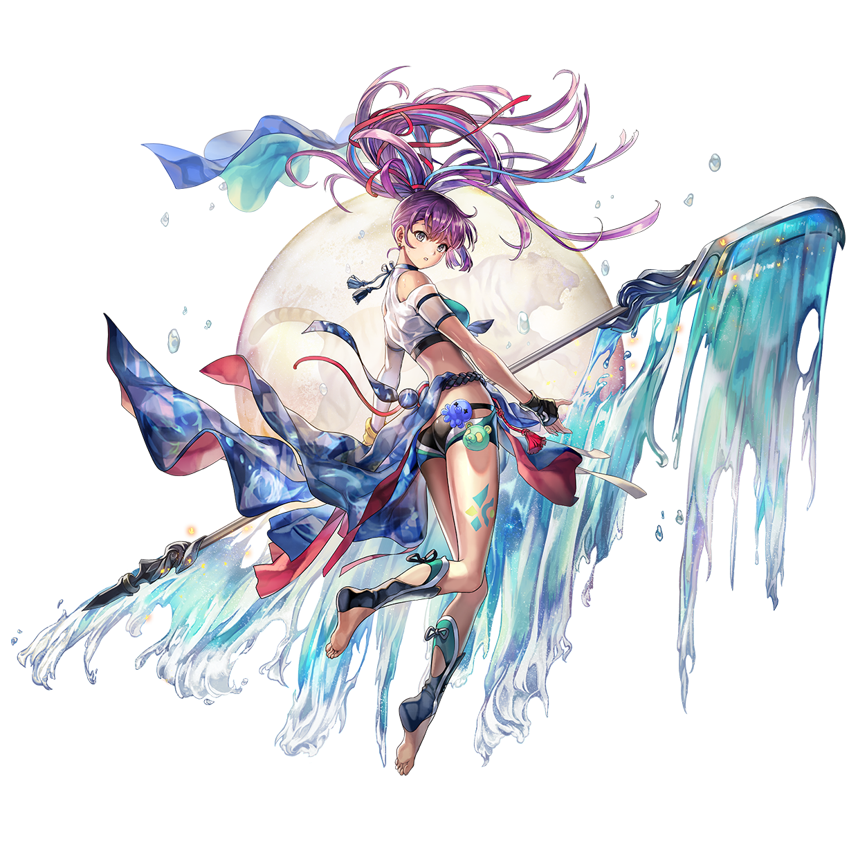 foran (another eden), another eden, highres, official art, 1girl, another eden art team, black gloves, black shorts, blue choker, blue eyes, blue ribbon, blue sash, blush, breasts, choker, fingerless gloves, from side, full body, gloves, grey eyes, holding, holding polearm, holding weapon, large breasts, long hair, looking at viewer, moon, narrow waist, octopus, open mouth, panda, parted lips, polearm, ponytail, purple hair, red ribbon, ribbon, rope, sash, short shorts, shorts, sidelocks, silhouette, solo, swimsuit, thighhighs, tiger, water, weapon, wet