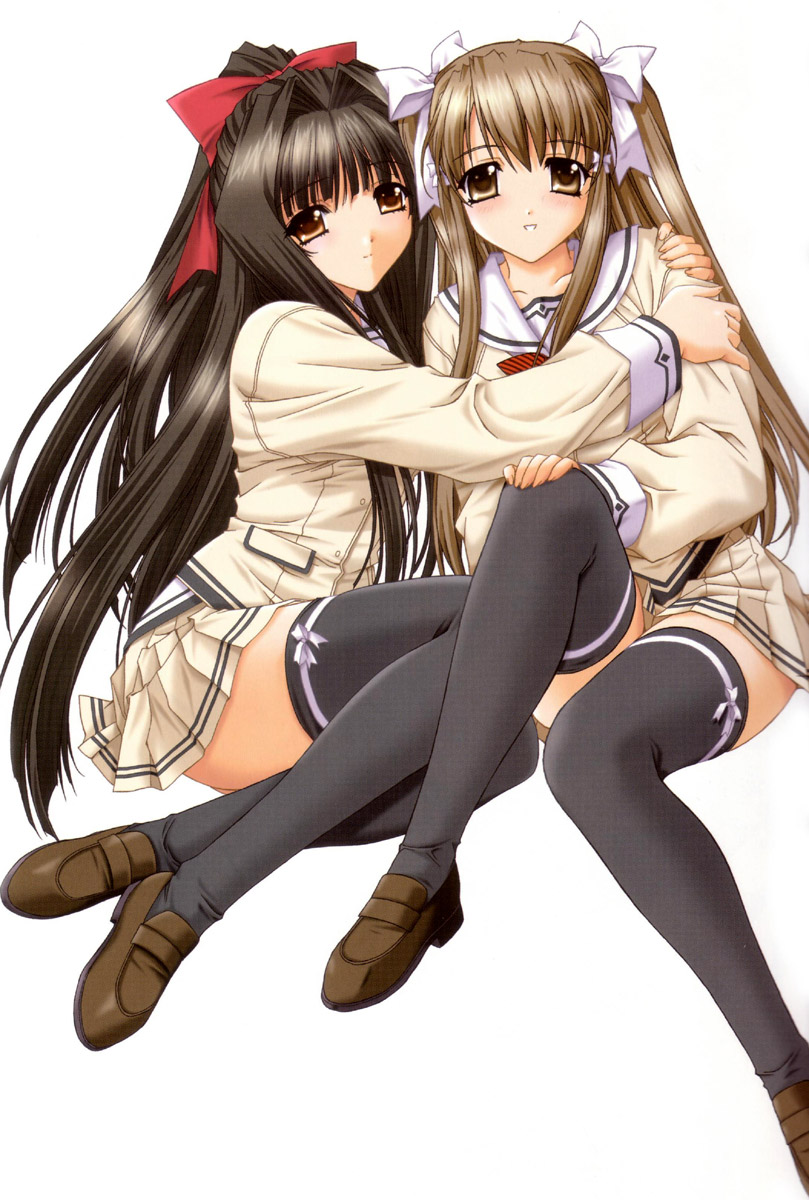kimizuka aoi, usa mizuki, yamabuki sayuki, lost passage, black legwear, highres, 2girls, black hair, blush, bow legwear, brown eyes, brown hair, hair intakes, hair ribbon, loafers, long hair, multiple girls, pleated skirt, ponytail, ribbon, school uniform, serafuku, shoes, skirt, smile, thighhighs, twintails, zettai ryouiki