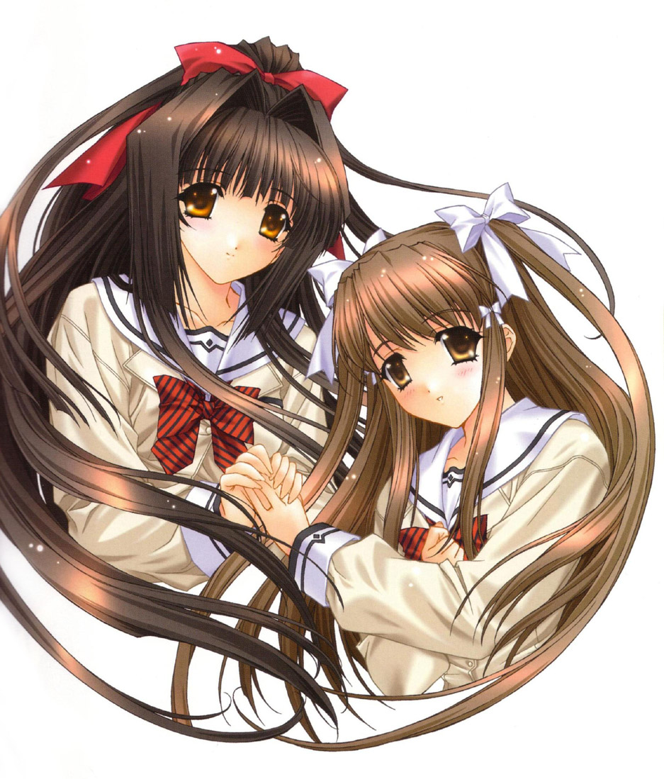 kimizuka aoi, usa mizuki, yamabuki sayuki, lost passage, 2girls, black hair, blunt bangs, blush, bow, bowtie, brown eyes, brown hair, hair bow, hair intakes, long hair, long sleeves, multiple girls, ponytail, red bow, red bowtie, school uniform, serafuku, simple background, upper body, white background