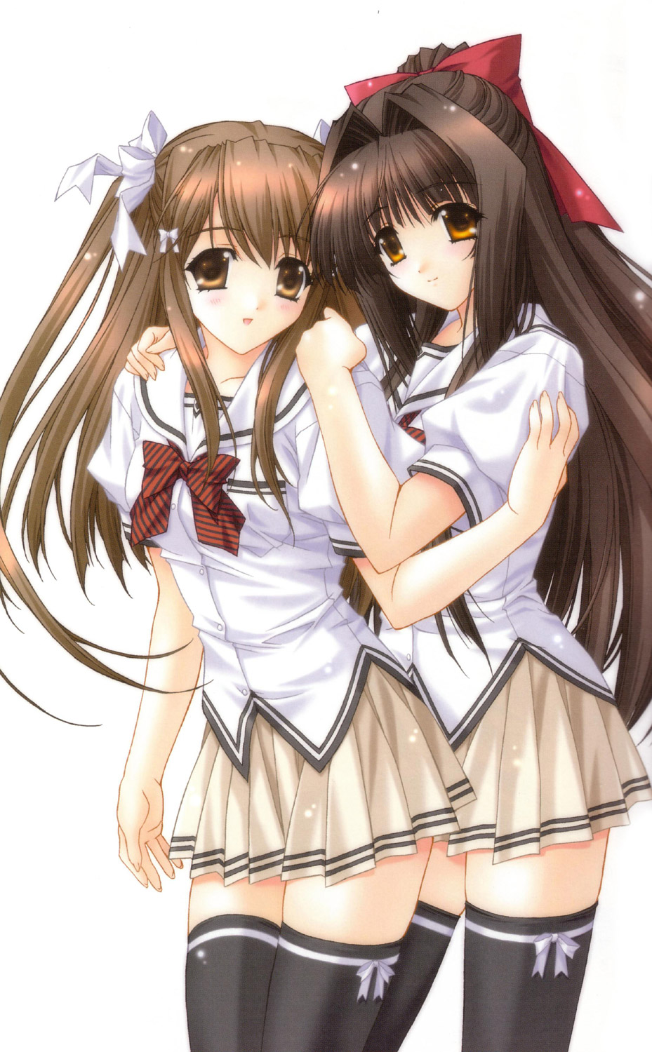 kimizuka aoi, usa mizuki, yamabuki sayuki, lost passage, black legwear, striped neckwear, highres, 2girls, blush, bow, bow legwear, bowtie, hair intakes, hair ribbon, long hair, multiple girls, pleated skirt, ribbon, school uniform, serafuku, skirt, smile, striped bow, striped bowtie, striped clothes, thighhighs, zettai ryouiki