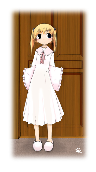 nekotama, 1girl, blonde hair, blue eyes, female focus, full body, holding, holding behind back, holding pillow, long sleeves, nightgown, pillow, short hair, slippers, solo, standing, twintails, two side up