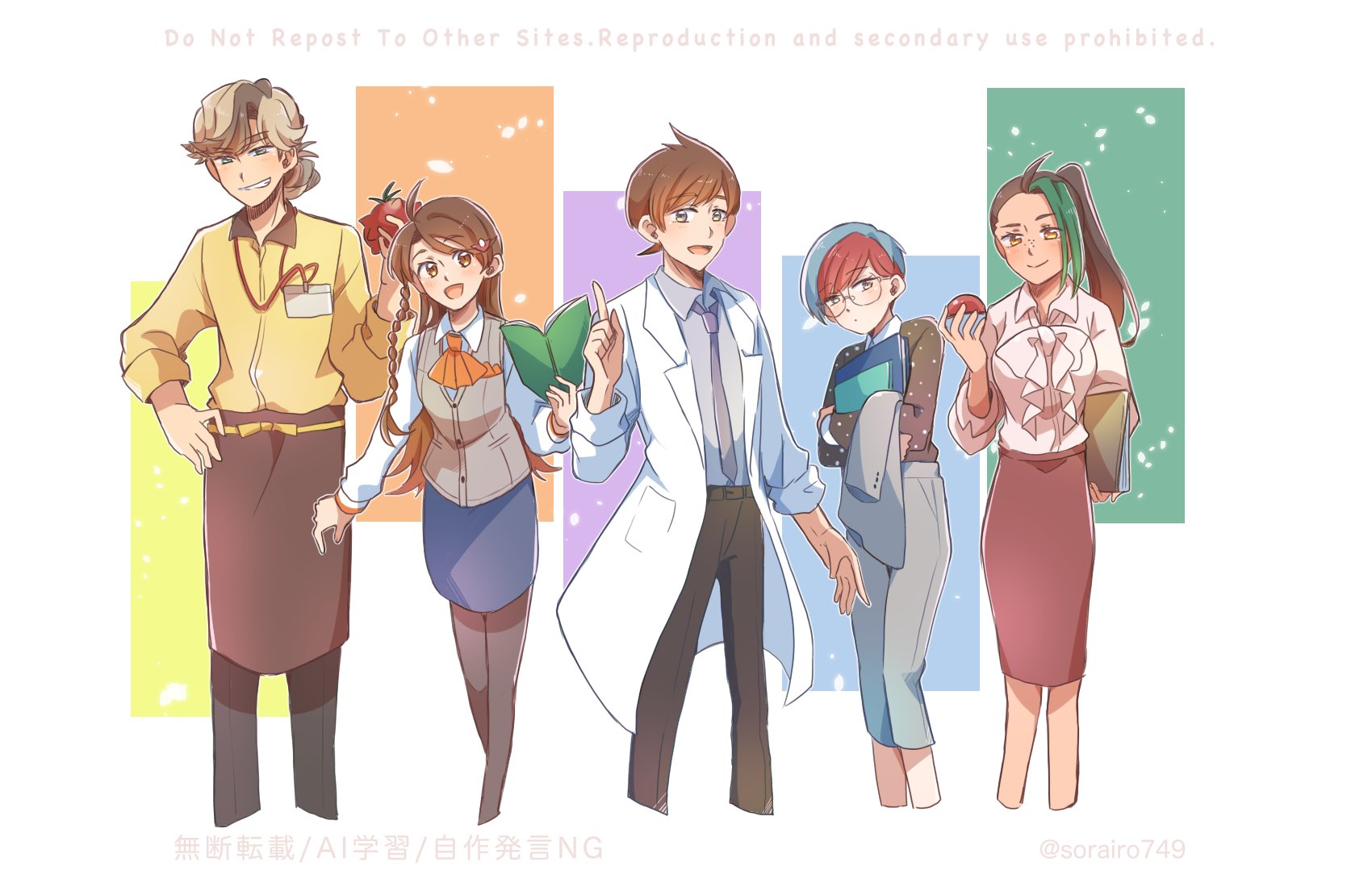 sorairo749, arven (pokemon), florian (pokemon), juliana (pokemon), nemona (pokemon), penny (pokemon), nintendo, pokemon, pokemon sv, highres, 2boys, 3girls, age progression, aged up, alternate color, bag, black hair, blue hair, braid, brown eyes, brown hair, closed mouth, collared shirt, dark-skinned female, dark skin, freckles, glasses, green hair, grey eyes, holding, holding poke ball, long hair, long sleeves, multicolored hair, multiple boys, multiple girls, necktie, open mouth, pants, pantyhose, poke ball, poke ball (basic), ponytail, purple eyes, red hair, round eyewear, shirt, short hair, short sleeves, shorts, smile, streaked hair, teacher, two-tone hair