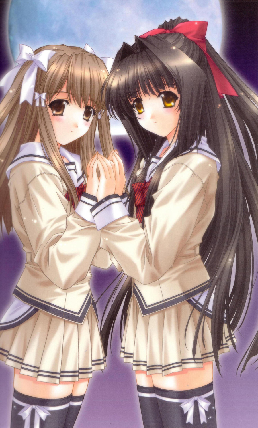 kimizuka aoi, usa mizuki, yamabuki sayuki, lost passage, black legwear, striped neckwear, highres, 2girls, bow, bow legwear, bowtie, brown eyes, brown hair, hair bow, hair intakes, long hair, moon, multiple girls, pleated skirt, ribbon, school uniform, serafuku, skirt, striped bow, striped bowtie, striped clothes, thighhighs, very long hair, zettai ryouiki