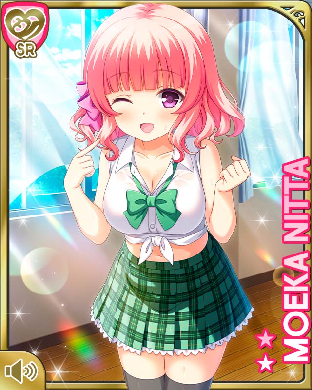qp:flapper, nitta moeka, girlfriend (kari), official art, tagme, 1girl, ;d, blouse, bow, breasts, character name, cleavage, collar, day, female focus, green bow, green skirt, holding, indoors, one eye closed, open mouth, pink bow, pink hair, purple eyes, school, school uniform, shirt, shoes, short hair, skirt, sleeveless, smile, solo, standing, thighhighs, tied shirt, white shirt, window