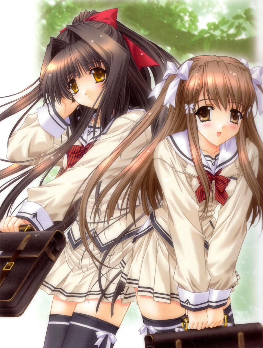 kimizuka aoi, usa mizuki, yamabuki sayuki, lost passage, black legwear, striped neckwear, highres, 2girls, bow, bow legwear, bowtie, brown eyes, brown hair, hair bow, hair intakes, hair ribbon, half updo, long hair, multiple girls, pleated skirt, ribbon, school uniform, serafuku, skirt, striped bow, striped bowtie, striped clothes, thighhighs, two side up, very long hair, zettai ryouiki