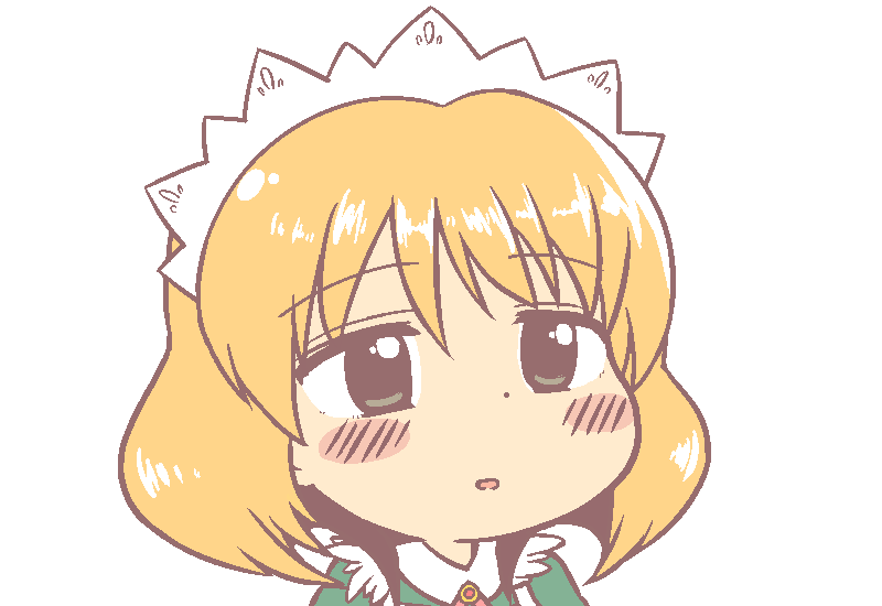 ikiyouz, andou minawa, mahoromatic, 1girl, blush stickers, chibi, dot nose, gyate gyate, jaggy lines, maid, maid headdress, open mouth, orange hair, portrait, solo, transparent background