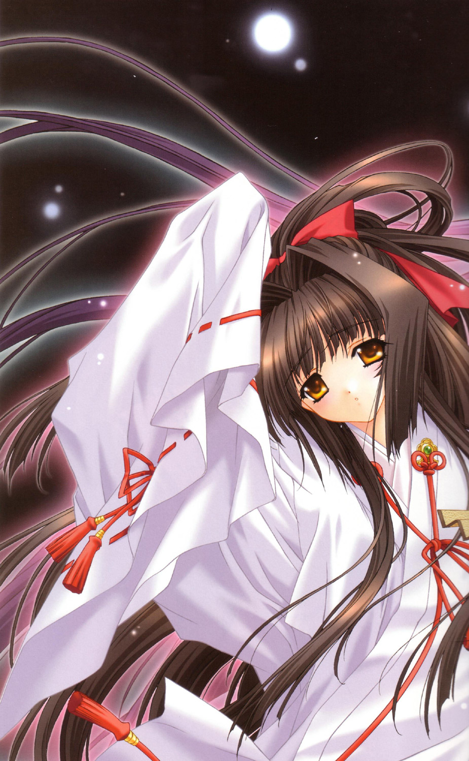 kimizuka aoi, usa mizuki, lost passage, highres, 1girl, black hair, female focus, hair ribbon, head tilt, japanese clothes, long hair, miko, orange eyes, ribbon, ribbon-trimmed sleeves, ribbon trim, ribbons moon, solo, tassel, very long hair
