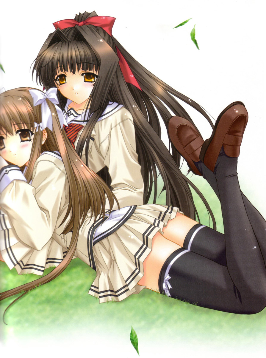 kimizuka aoi, usa mizuki, yamabuki sayuki, lost passage, black legwear, highres, scan, 2girls, blush, bow, bow legwear, brown eyes, brown hair, grass, hair bow, hair intakes, hair ribbon, half updo, leaf, loafers, long hair, lying, multiple girls, on stomach, pleated skirt, ribbon, school uniform, serafuku, shoes, skirt, thighhighs, very long hair, wind, zettai ryouiki