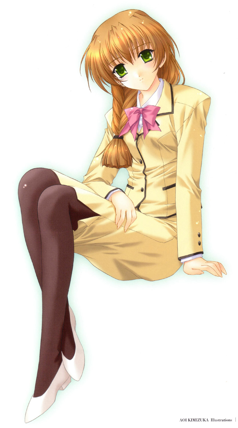 kimizuka aoi, natsukoshi rino, lost passage, highres, 1girl, braid, business suit, female focus, formal clothes, green eyes, long hair, orange hair, pantyhose, skirt, skirt suit, smile, solo, suit