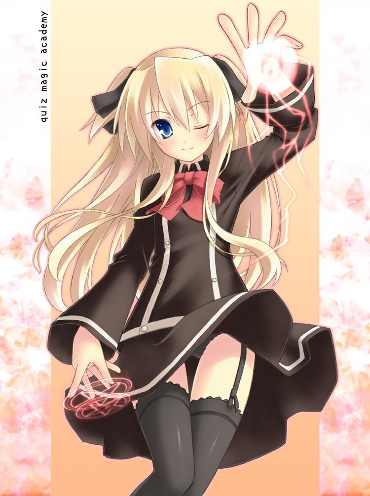 ryo (botugo), shalon, quiz magic academy, 1girl, black panties, female focus, magic circle, one eye closed, panties, solo, thighhighs, underwear, wind, wind lift, wink