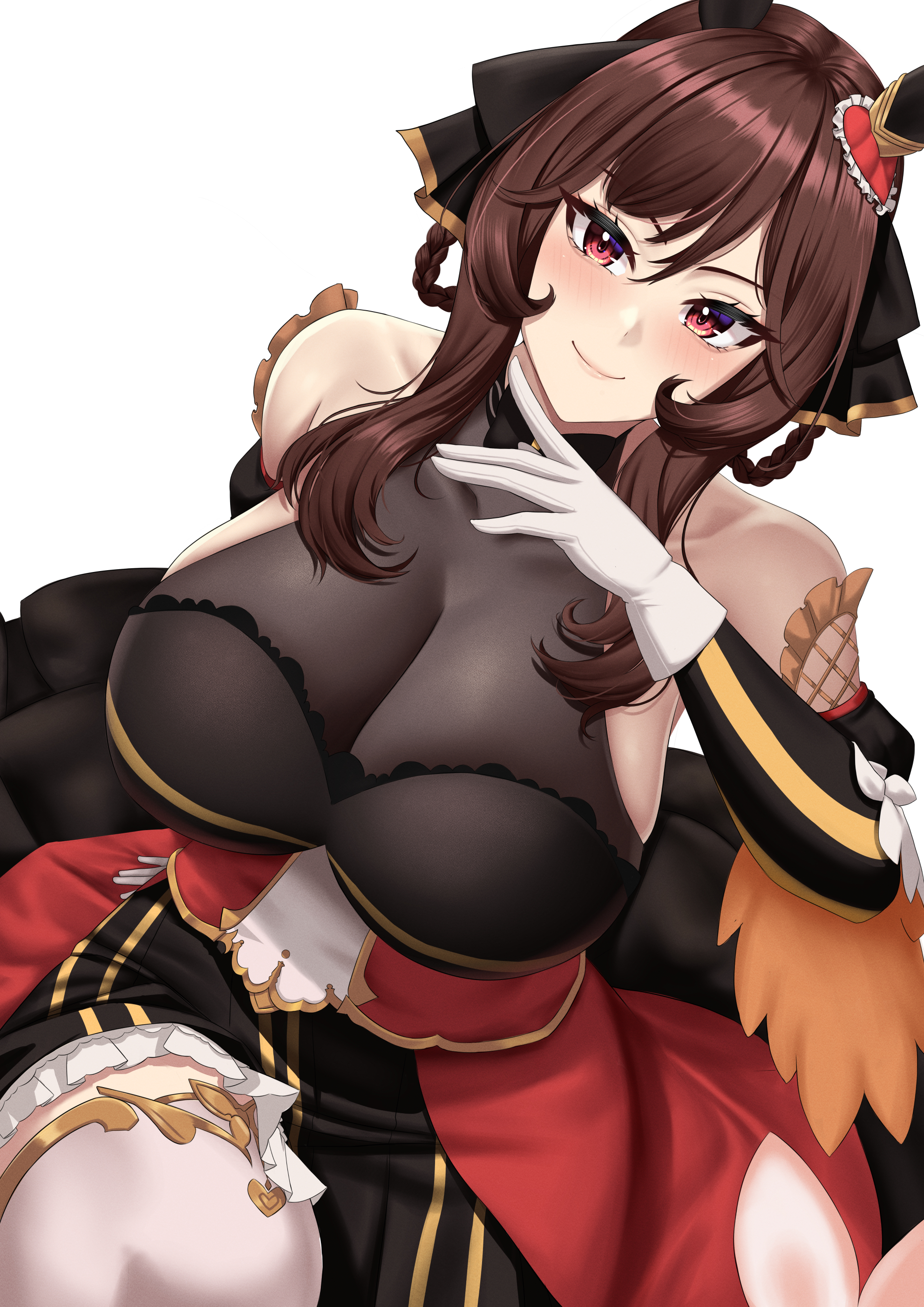 stmoon, gentildonna (umamusume), umamusume, absurdres, highres, 1girl, animal ears, bare shoulders, black dress, blush, braid, braided hair rings, breasts, brown hair, cleavage, closed mouth, corset, detached sleeves, dress, ear covers, ear ornament, gentildonna (regina dei fiori) (umamusume), gloves, hair between eyes, hair ornament, hair rings, heart-shaped ornament, heart ear ornament, horse ears, horse girl, large breasts, long hair, looking at viewer, red corset, red eyes, simple background, smile, solo, thighhighs, white background, white gloves, white thighhighs