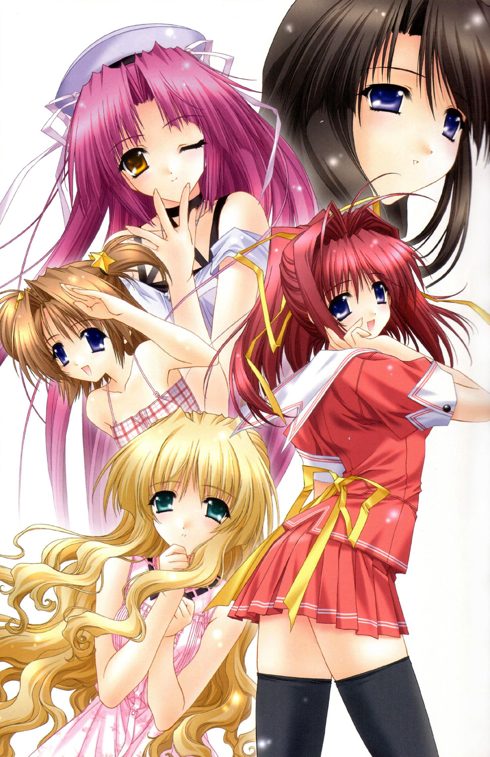 kimizuka aoi, hina (3ldk), miyashita ayase, senoh yomogi, senoo chihogi, senoo yomogi, yukimura noel, 3ldk, lost passage, highres, 5girls, aqua eyes, black hair, black thighhighs, blonde hair, blue eyes, brown hair, camisole, dress, hair ornament, hat, long hair, looking back, multiple girls, one eye closed, orange eyes, pink hair, ponytail, ribbon, salute, school uniform, serafuku, short hair, short twintails, siblings, sisters, skirt, smile, star (symbol), star hair ornament, thighhighs, twintails, very long hair, wavy hair, wink, zettai ryouiki