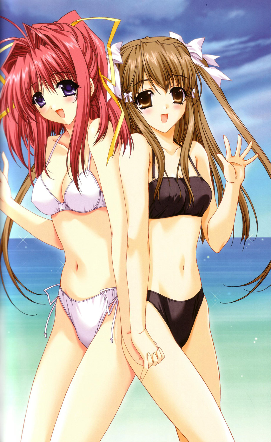 kimizuka aoi, senoo chihogi, yamabuki sayuki, 3ldk, lost passage, highres, 2girls, back-to-back, bikini, blue eyes, blush, brown eyes, brown hair, crossover, day, holding hands, long hair, multiple girls, pink hair, red hair, ribbon, side-tie bikini bottom, swimsuit, twintails, waving, yuri