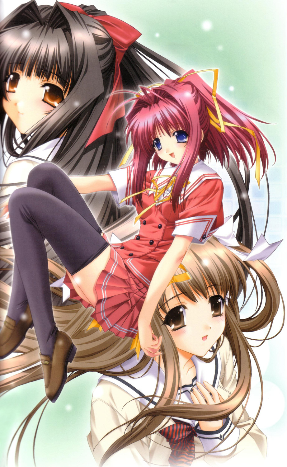 kimizuka aoi, senoo chihogi, usa mizuki, yamabuki sayuki, 3ldk, lost passage, black legwear, striped, highres, scan, 3girls, black hair, blue eyes, blush, brown eyes, brown hair, crossover, hair intakes, hair ribbon, loafers, long hair, multiple girls, orange eyes, pink hair, pleated skirt, ponytail, ribbon, school uniform, serafuku, shoes, sitting, skirt, smile, thighhighs, very long hair, zettai ryouiki