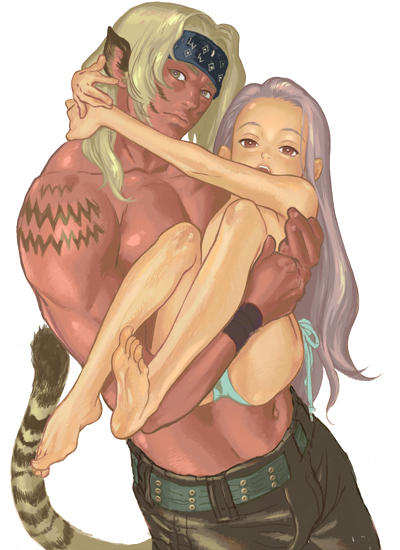 mootan, rei (breath of fire), teepo, breath of fire, breath of fire iii, 1girl, 2boys, animal ears, barefoot, bikini, carrying, feet, hug, multiple boys, princess carry, swimsuit, tail, topless female, topless male, trap