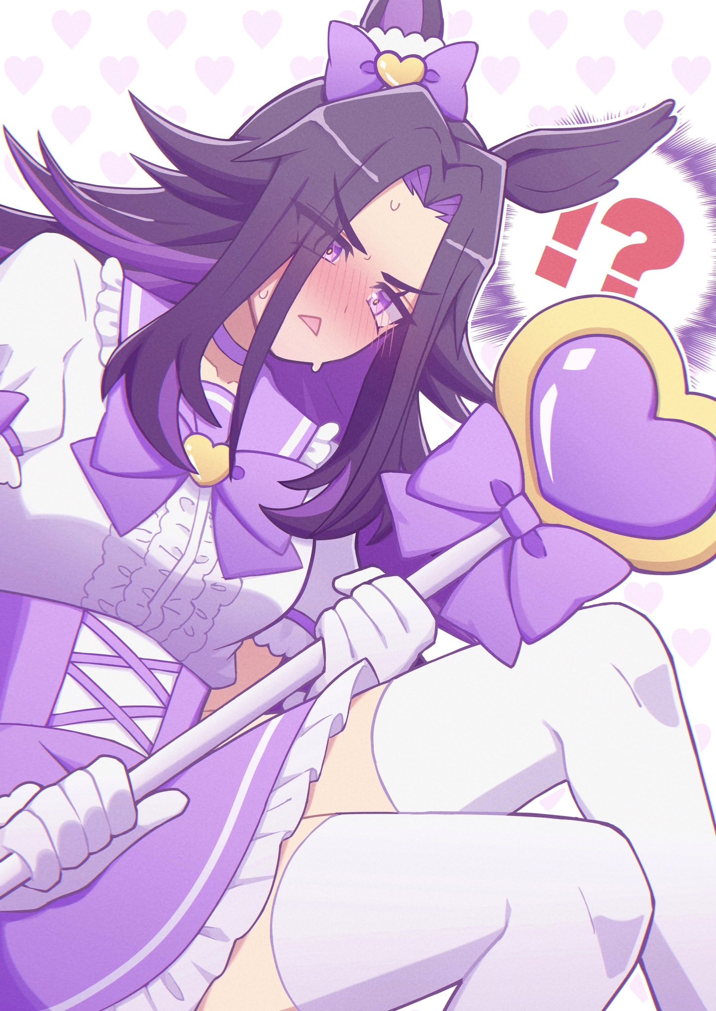 w3n6e, fenomeno (umamusume), umamusume, highres, !?, 1girl, animal ears, black hair, blush, bow, ear bow, flipped hair, gloves, heart, holding, holding staff, horse ears, horse girl, long hair, looking at viewer, magical girl, multicolored hair, open mouth, purple bow, purple eyes, purple hair, purple sailor collar, purple skirt, sailor collar, shirt, short sleeves, skirt, staff, sweat, thighhighs, white gloves, white shirt, white thighhighs